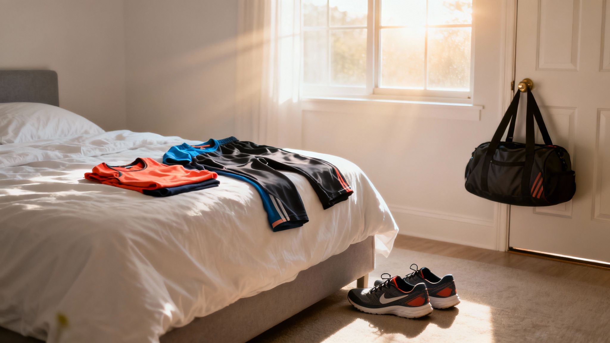 Activewear and running shoes laid out on a bed next to a gym bag, bathed in morning sun.