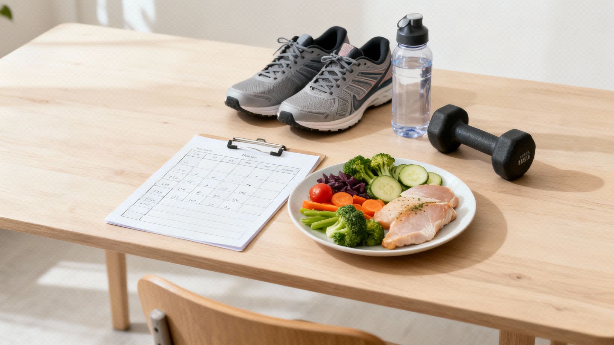 A healthy meal with chicken and vegetables, running shoes, water, and a dumbbell on a table.
