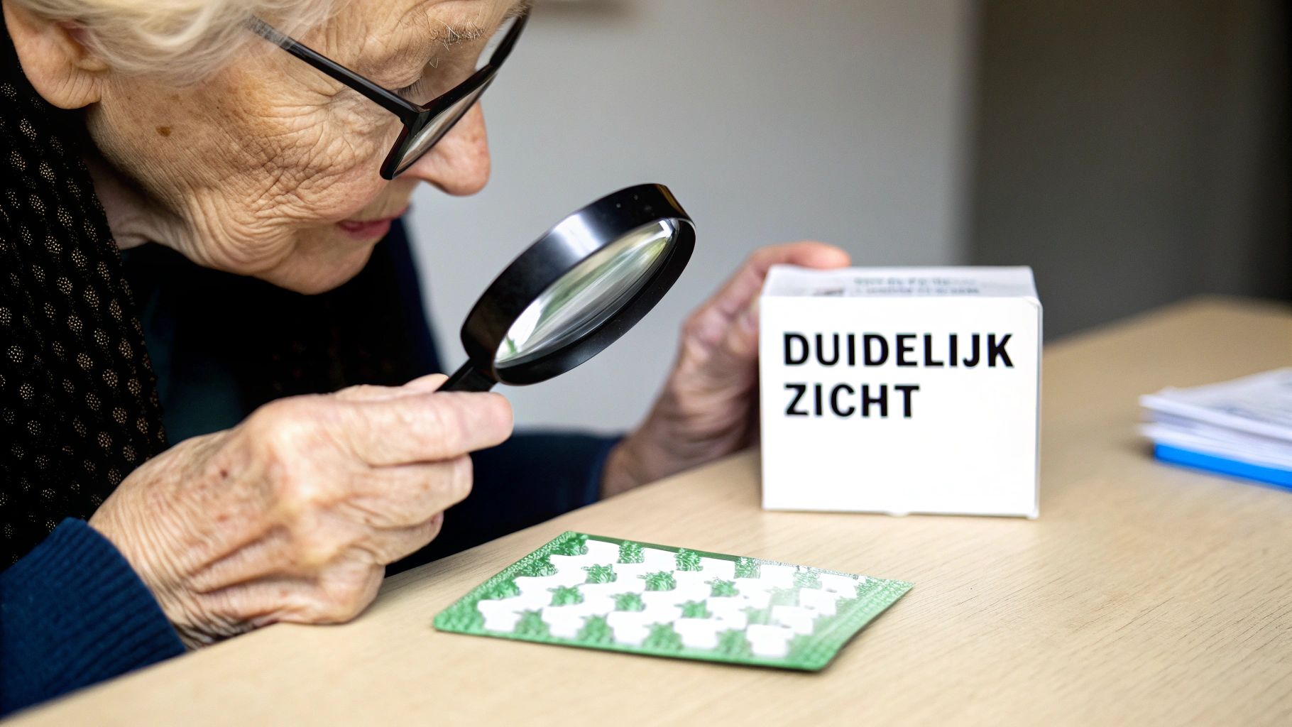 Een persoon gebruikt een loep met verlichting om gedetailleerd werk te bekijken