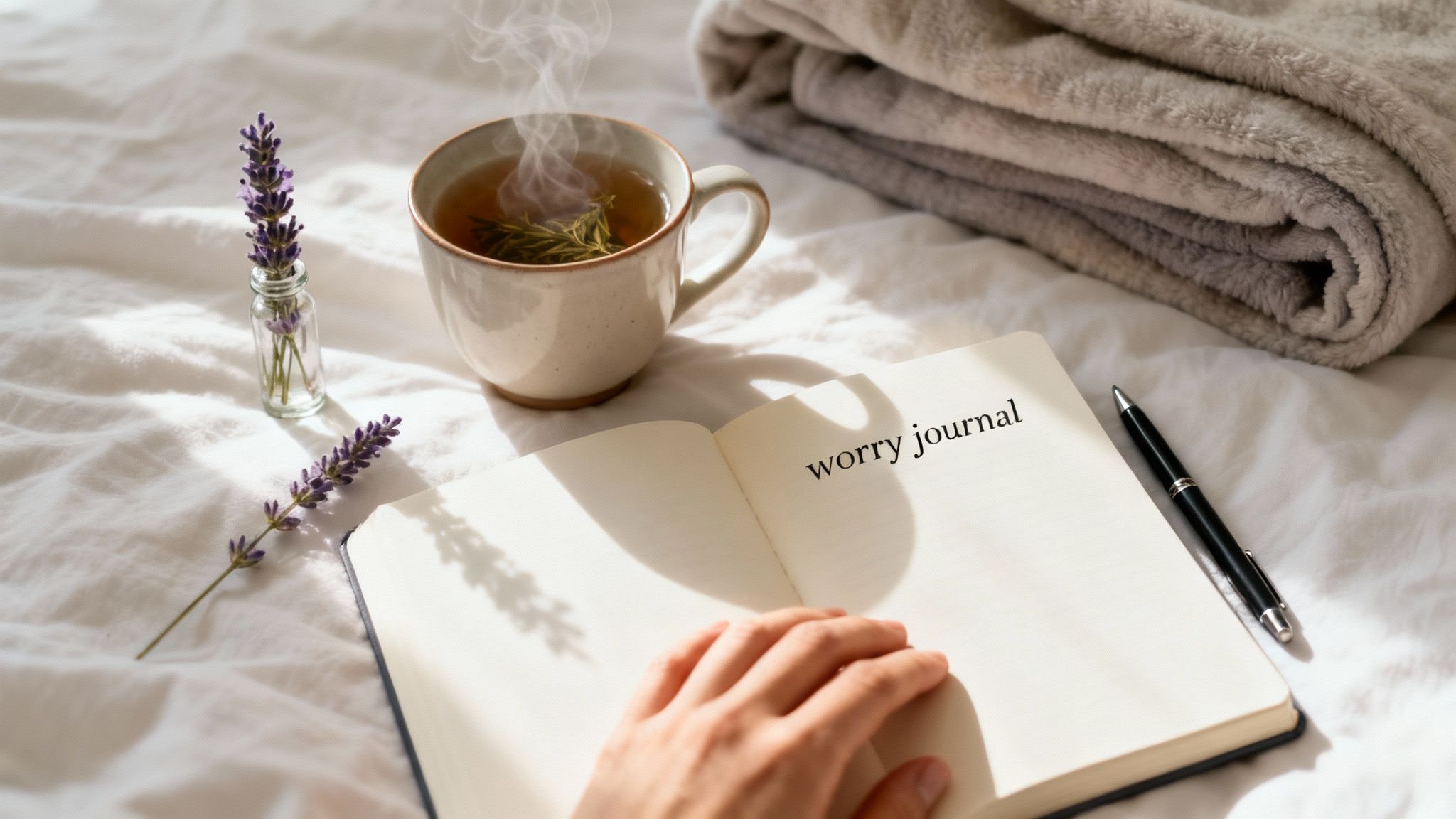 Person's hand opening a worry journal, with herbal tea and lavender for bedtime ritual.