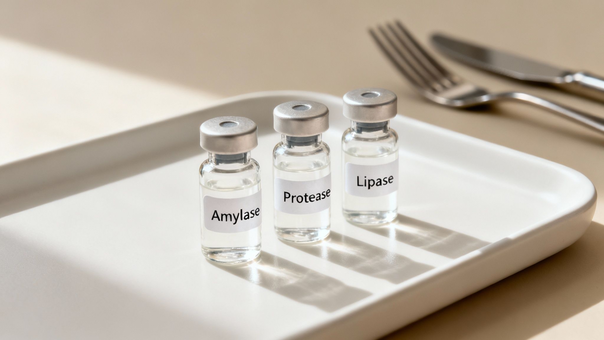Three vials of Amylase, Protease, and Lipase enzymes on a tray with cutlery, representing digestive health.