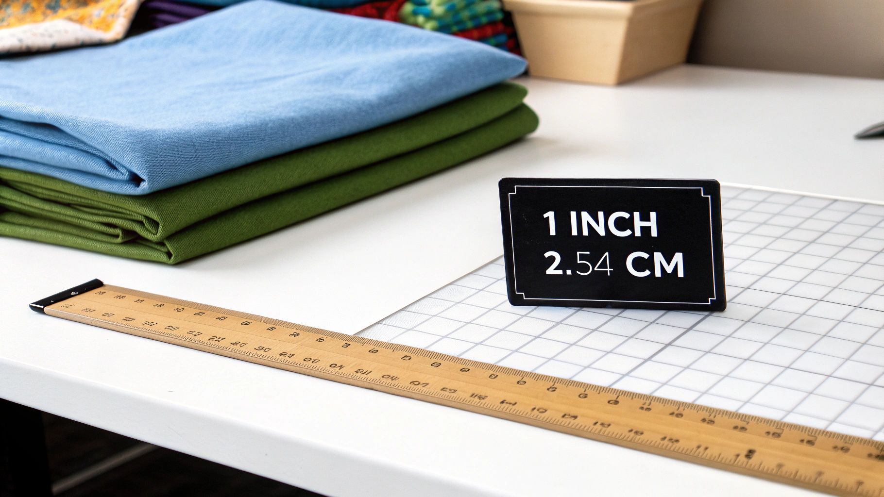 Een liniaal, snijmat en een bordje met '1 inch = 2,54 cm' naast gestapelde stoffen.