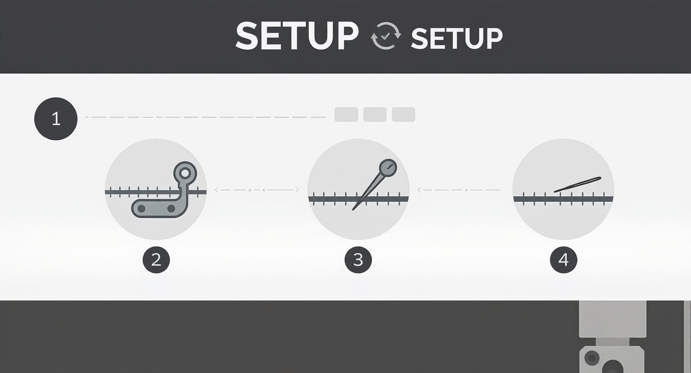 Infographic die het proces toont voor het instellen van een naaimachine: keuze van het ritsvoetje, de juiste steeklengte en de naaldpositie.