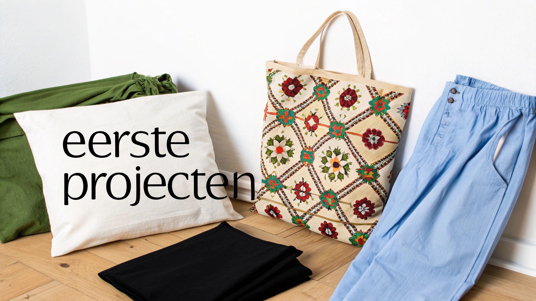 Eerste naaiprojecten voor beginners: groene stof, witte kussenhoes, gekleurde tas en lichtblauwe broek op houten vloer