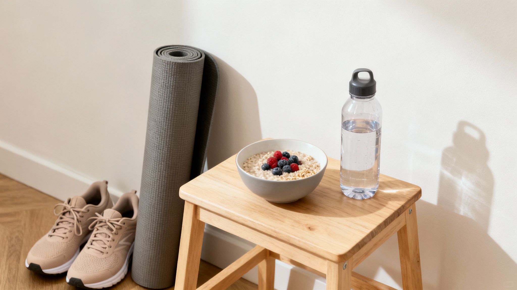 A rolled yoga mat, running shoes, a bowl of oatmeal with berries, and a water bottle on a wooden stool.
