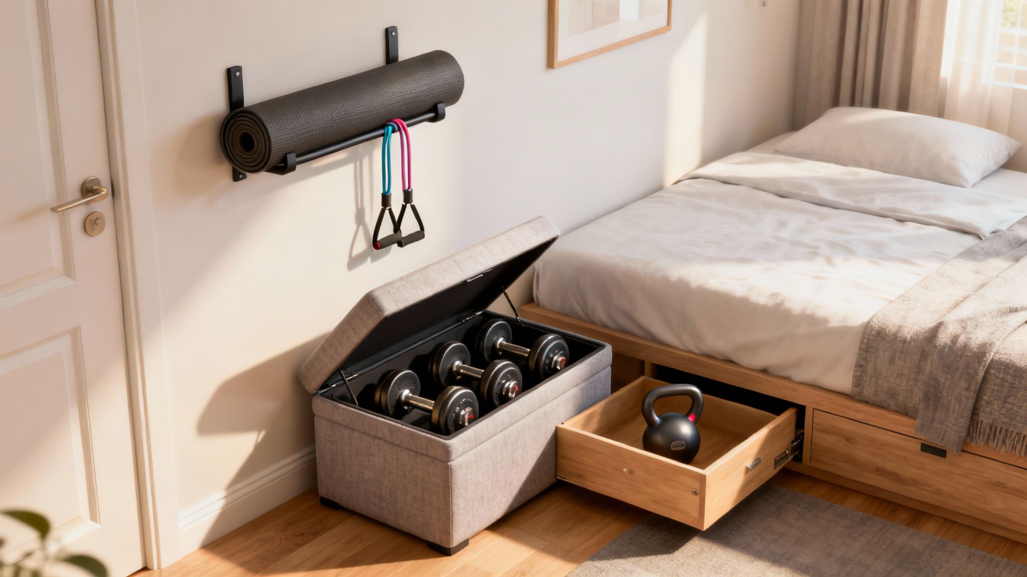Exercise equipment like dumbbells, a yoga mat, and a kettlebell stored neatly in a compact bedroom.