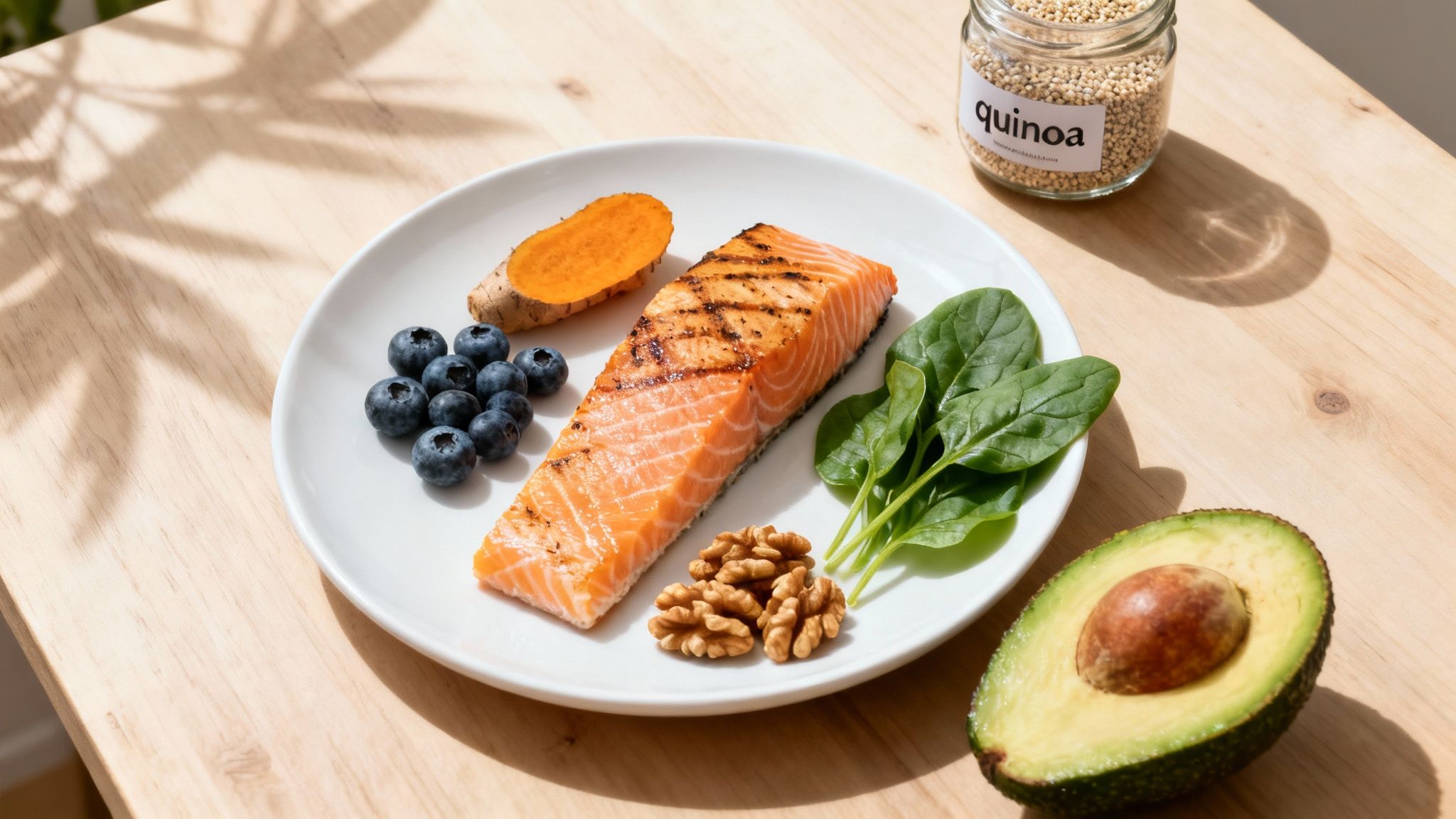 A nutritious, anti-inflammatory meal with salmon, blueberries, spinach, walnuts, turmeric, avocado, and quinoa.