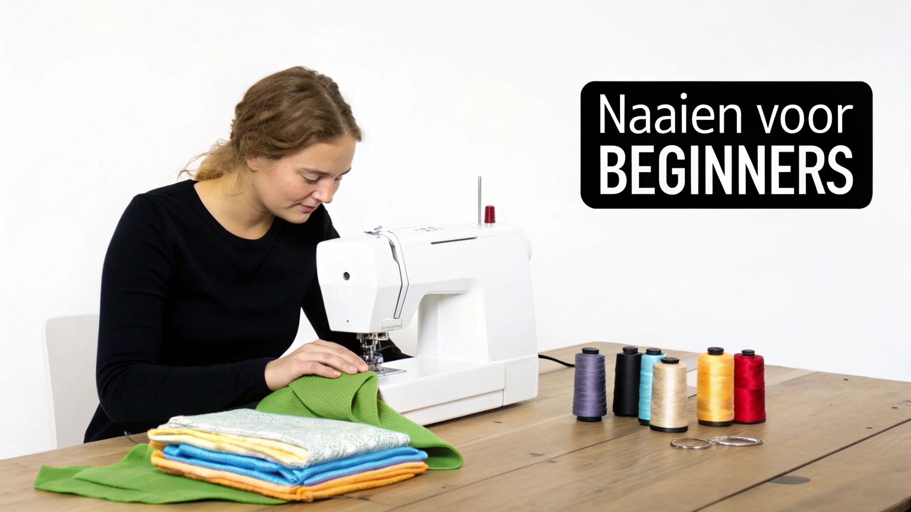 Vrouw naait groen stof op naaimachine met kleurrijk garen voor beginners naaicursus