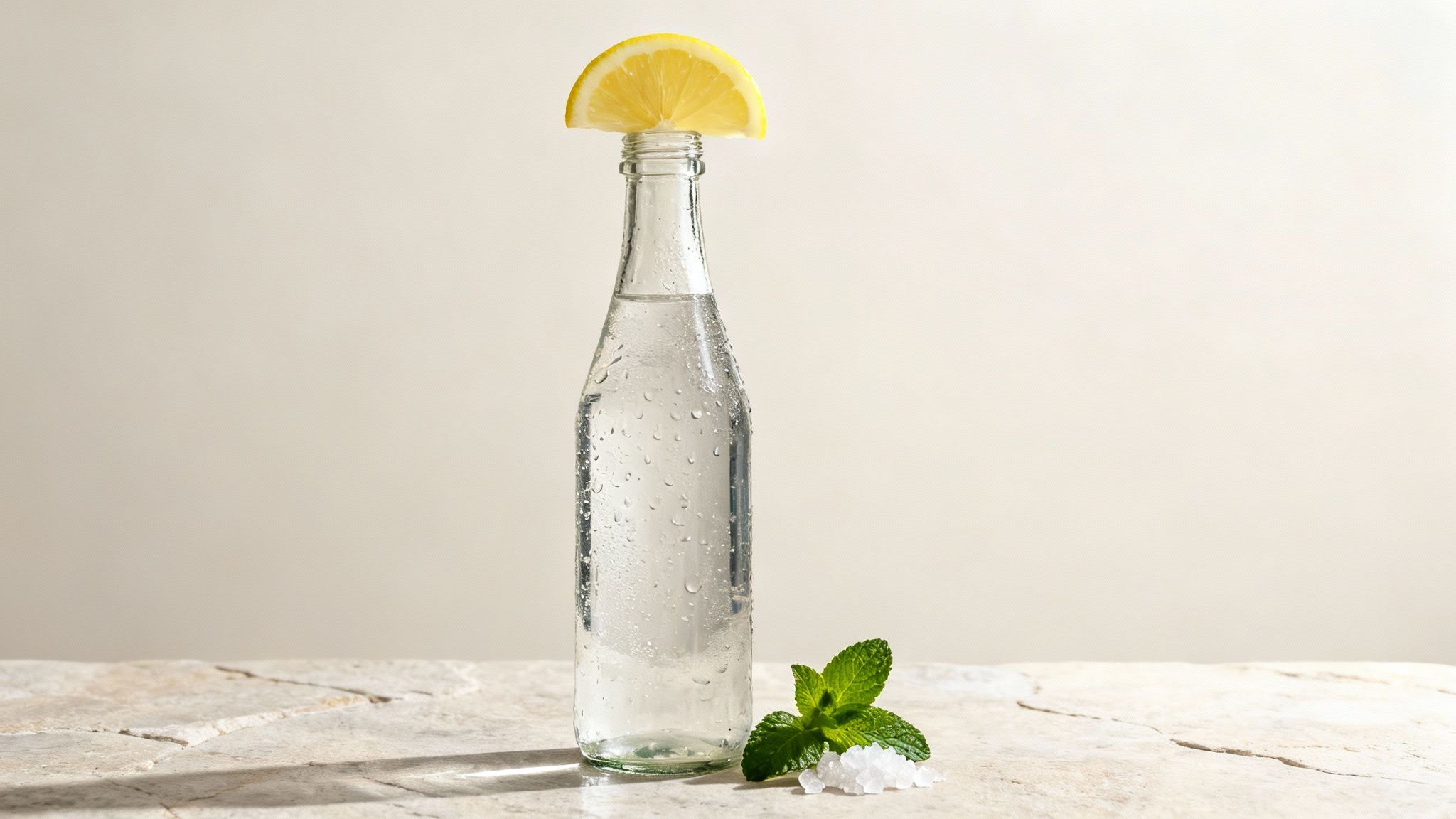 A cold water bottle with a lemon slice on top, fresh mint, and sea salt on a stone surface.