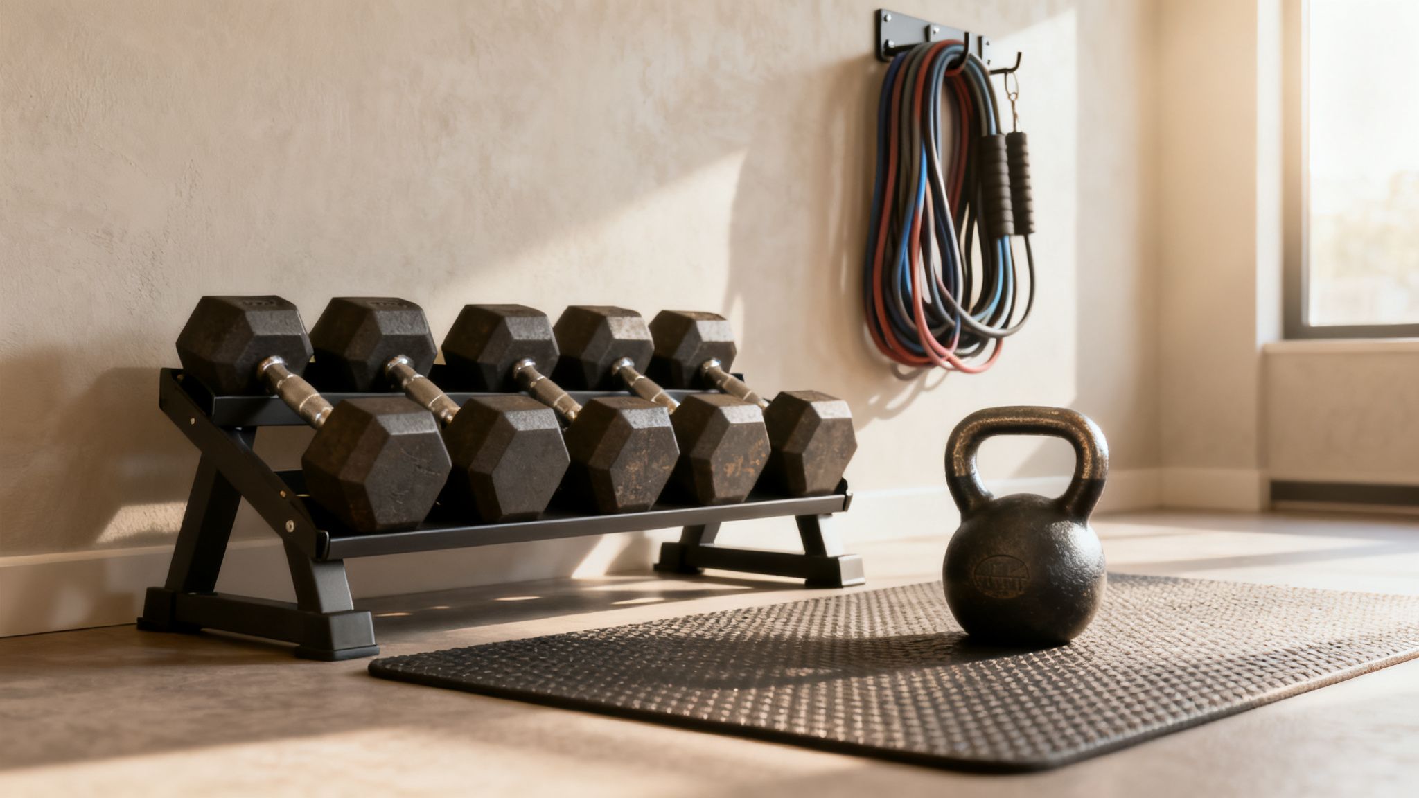 A well-equipped home gym featuring a dumbbell rack, kettlebell on a mat, and resistance bands.