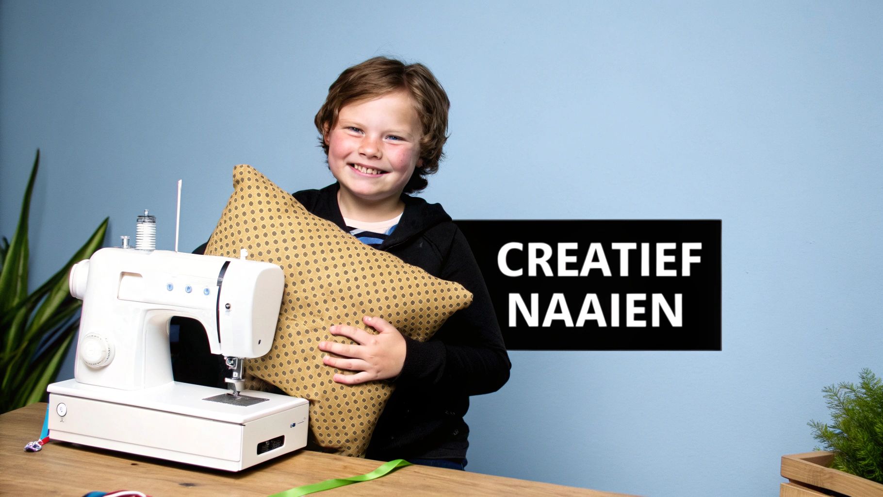 Lachend kind met een gestippeld kussen naast een witte naaimachine. Tekst: Creatief Naaien.