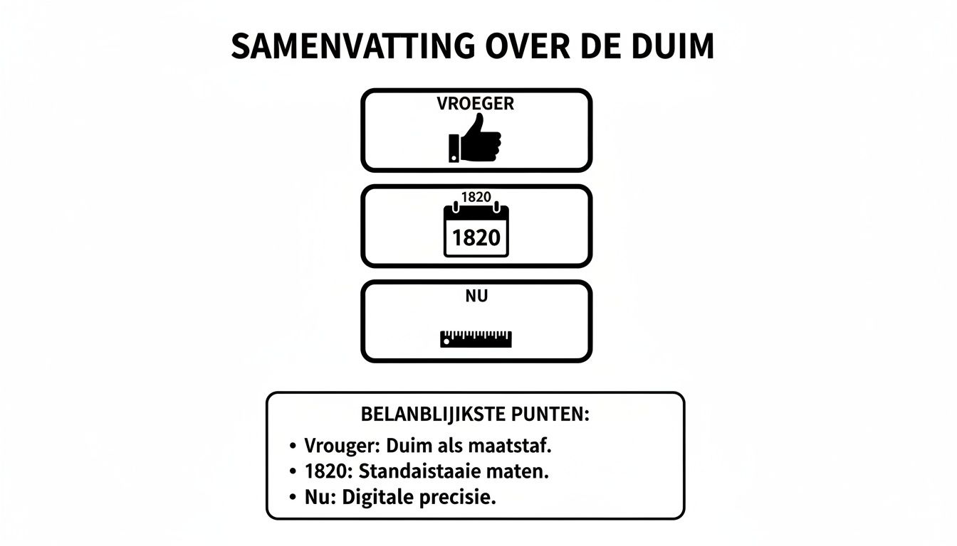 Schema over de evolutie van meten: van duim (vroeger) naar standaardisatie (1820) en digitale precisie (nu).