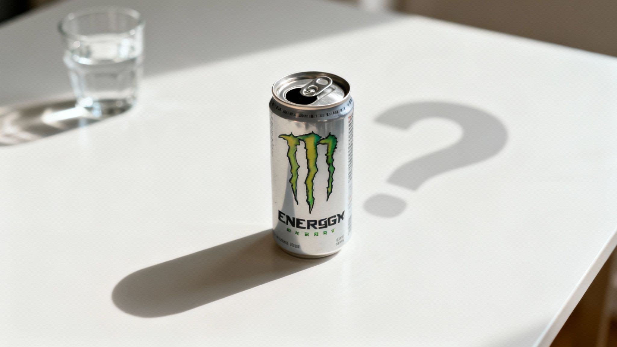 An open Monster Energy drink can next to a glass of water, with a question mark shadow on a white table.