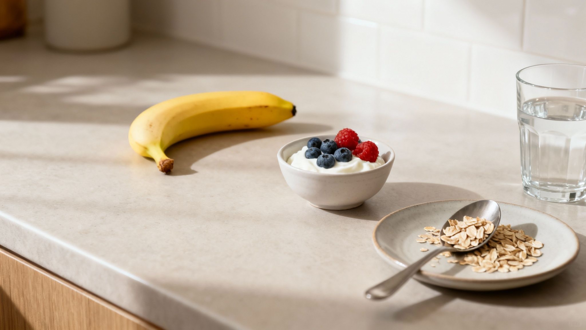 A healthy breakfast with a banana, yogurt with berries, oats, and a glass of water on a kitchen counter.
