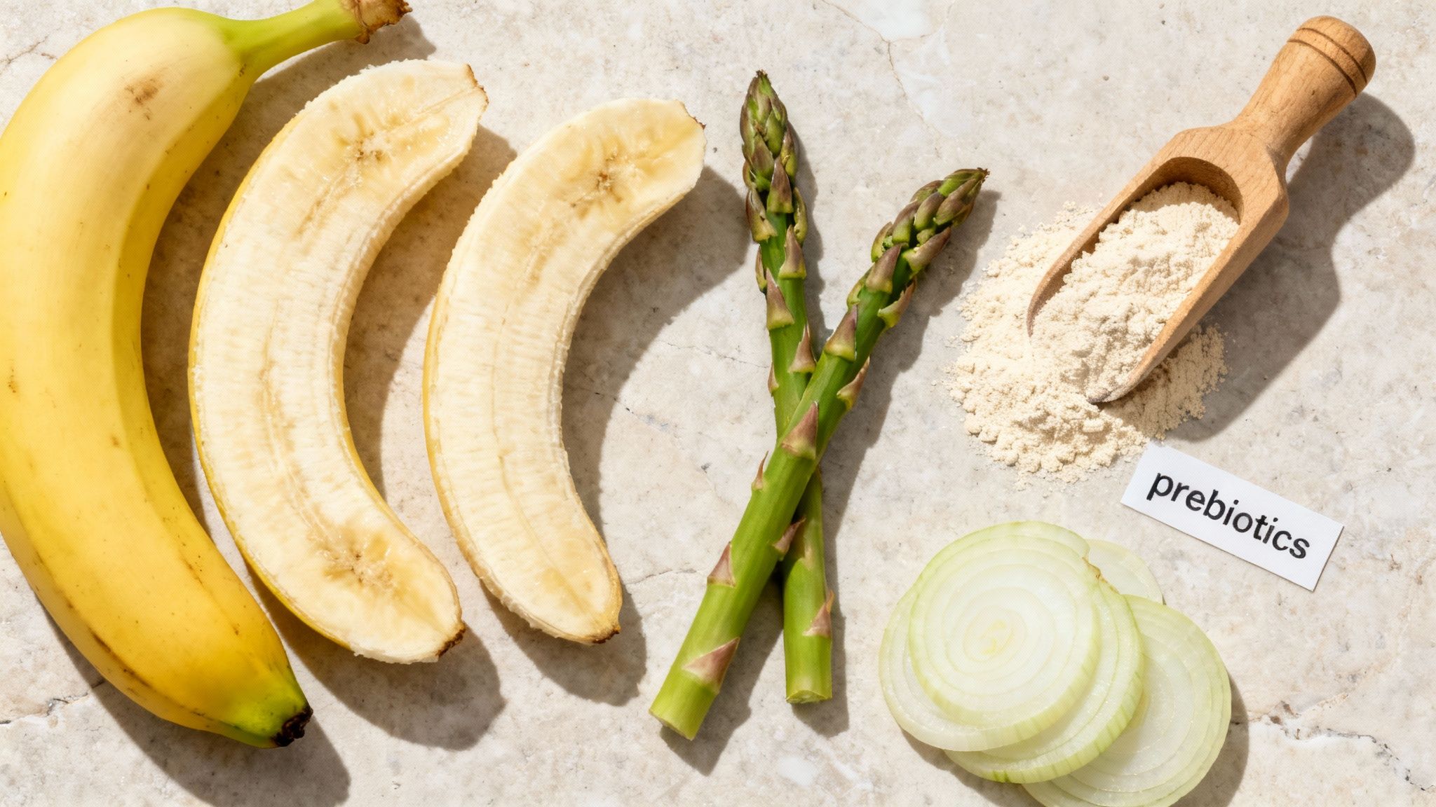 Overhead view of various prebiotic foods including bananas, asparagus, sliced onions, and a supplement powder.