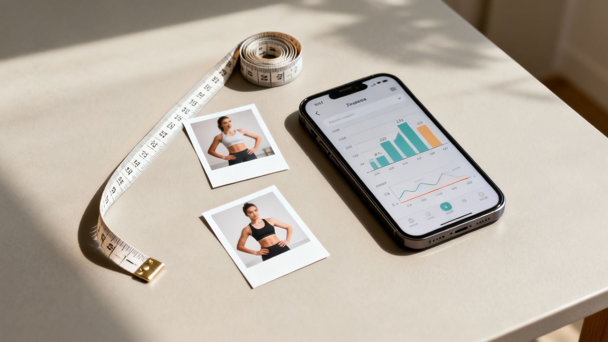 Fitness progress essentials: measuring tape, instant photos of a woman, and a phone with a health app.