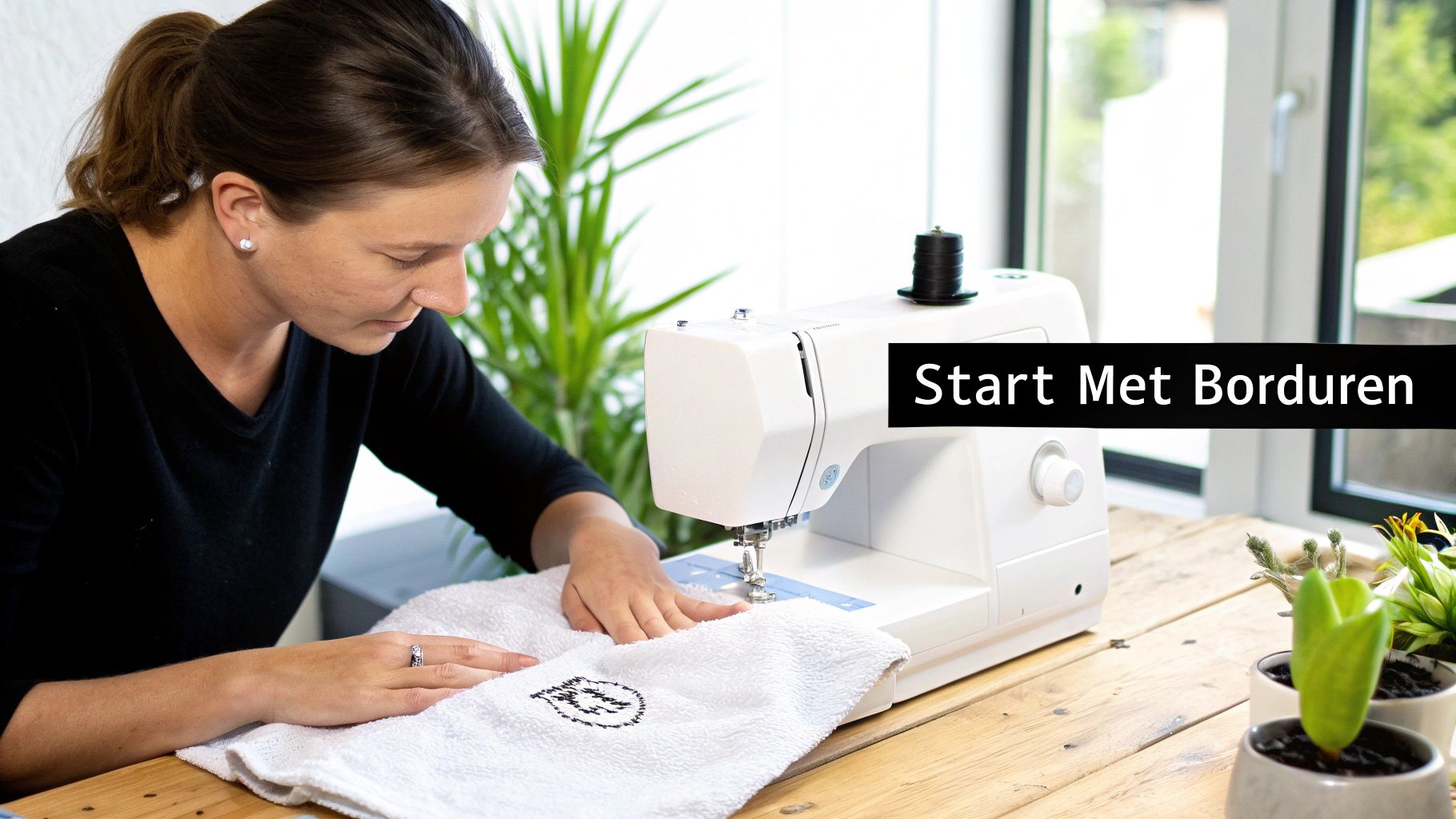 Een close-up van een borduurmachine die een kleurrijk bloemenpatroon op witte stof stikt.
