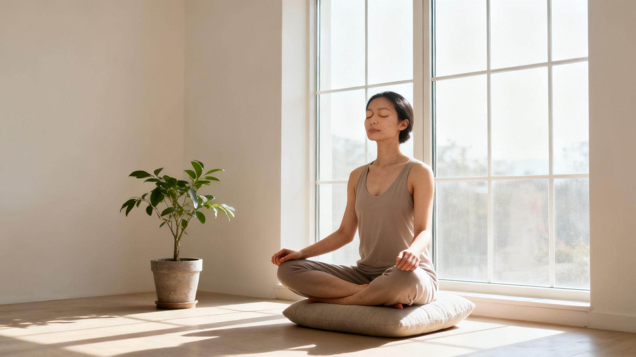 A serene person meditates on a cushion by a sunlit window, with a plant nearby.