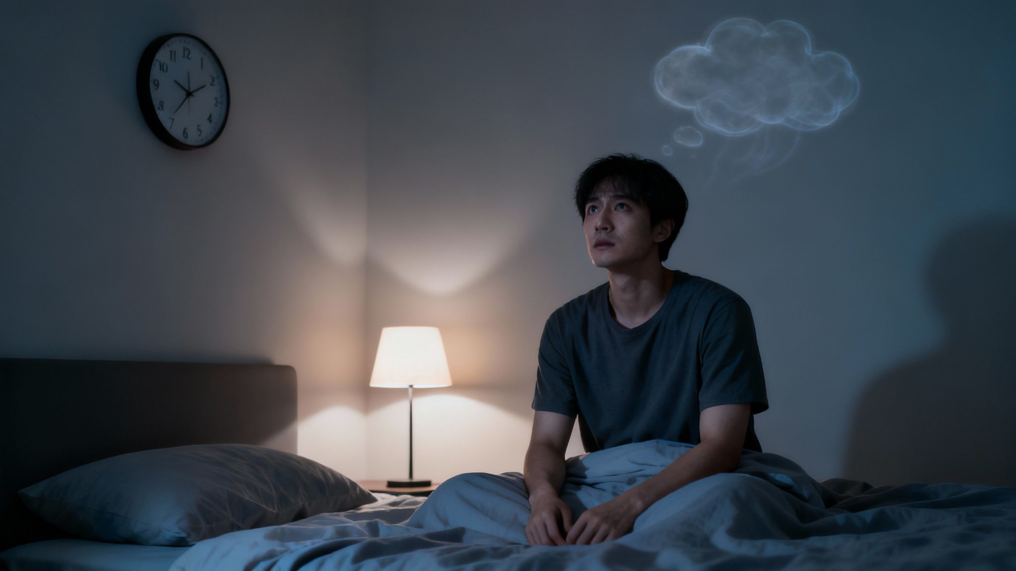 A man sits awake in bed at night, looking distressed with a thought bubble above his head.