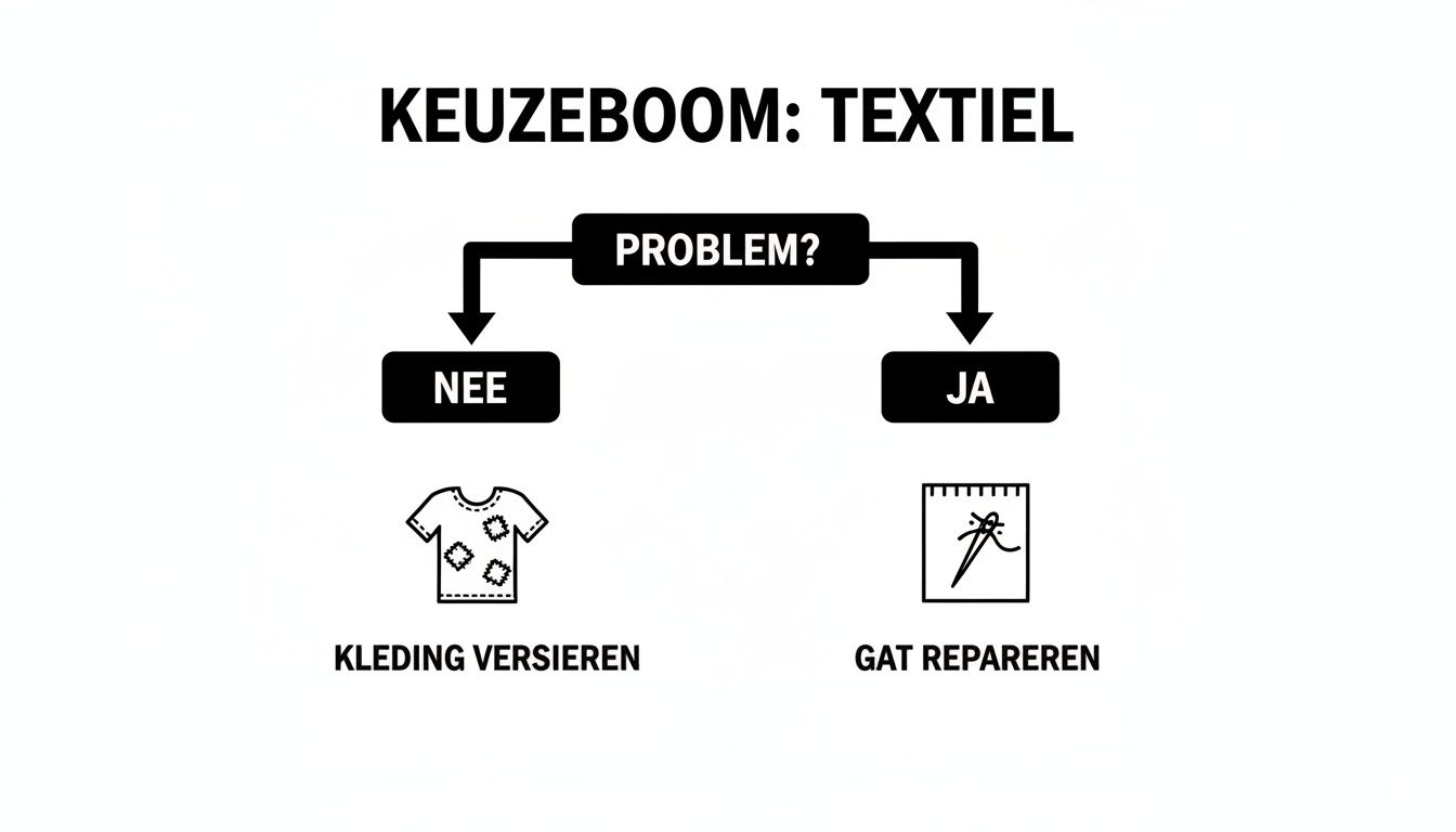 Een stroomschema over textielwerk: versieren als er geen probleem is, repareren als er wel een probleem is.