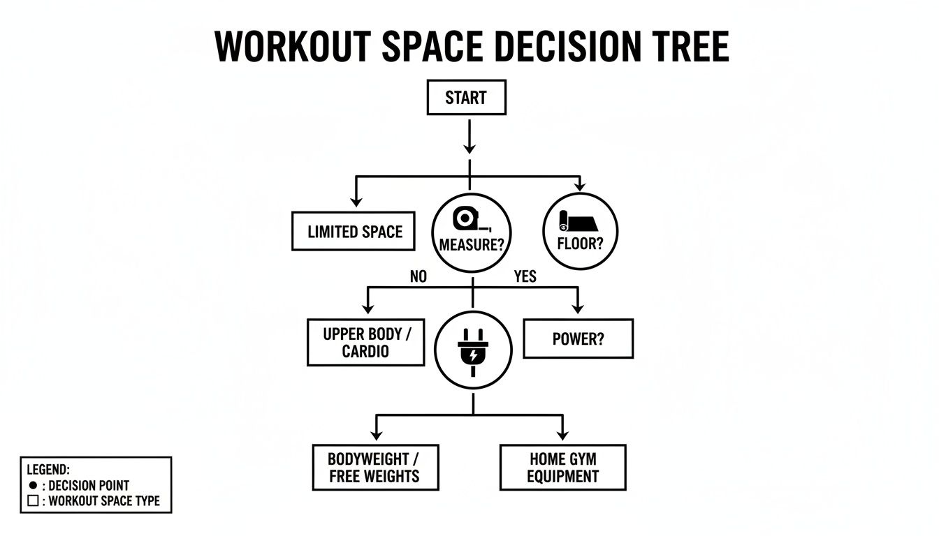 A workout space decision tree flowchart guiding choices for exercise equipment based on space and power.