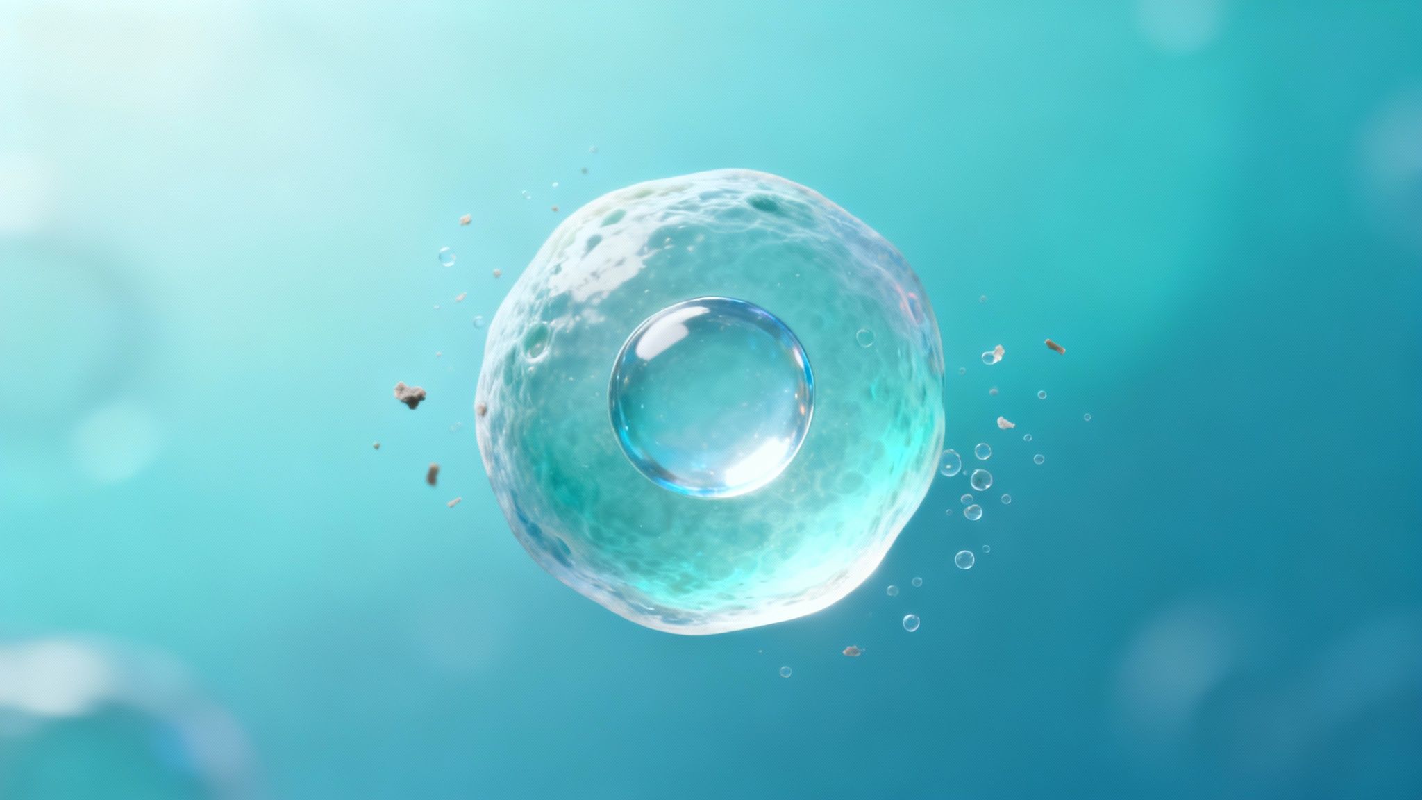 Microscopic view of a translucent, blue-green cell with a clear internal bubble, surrounded by tiny particles in teal fluid.