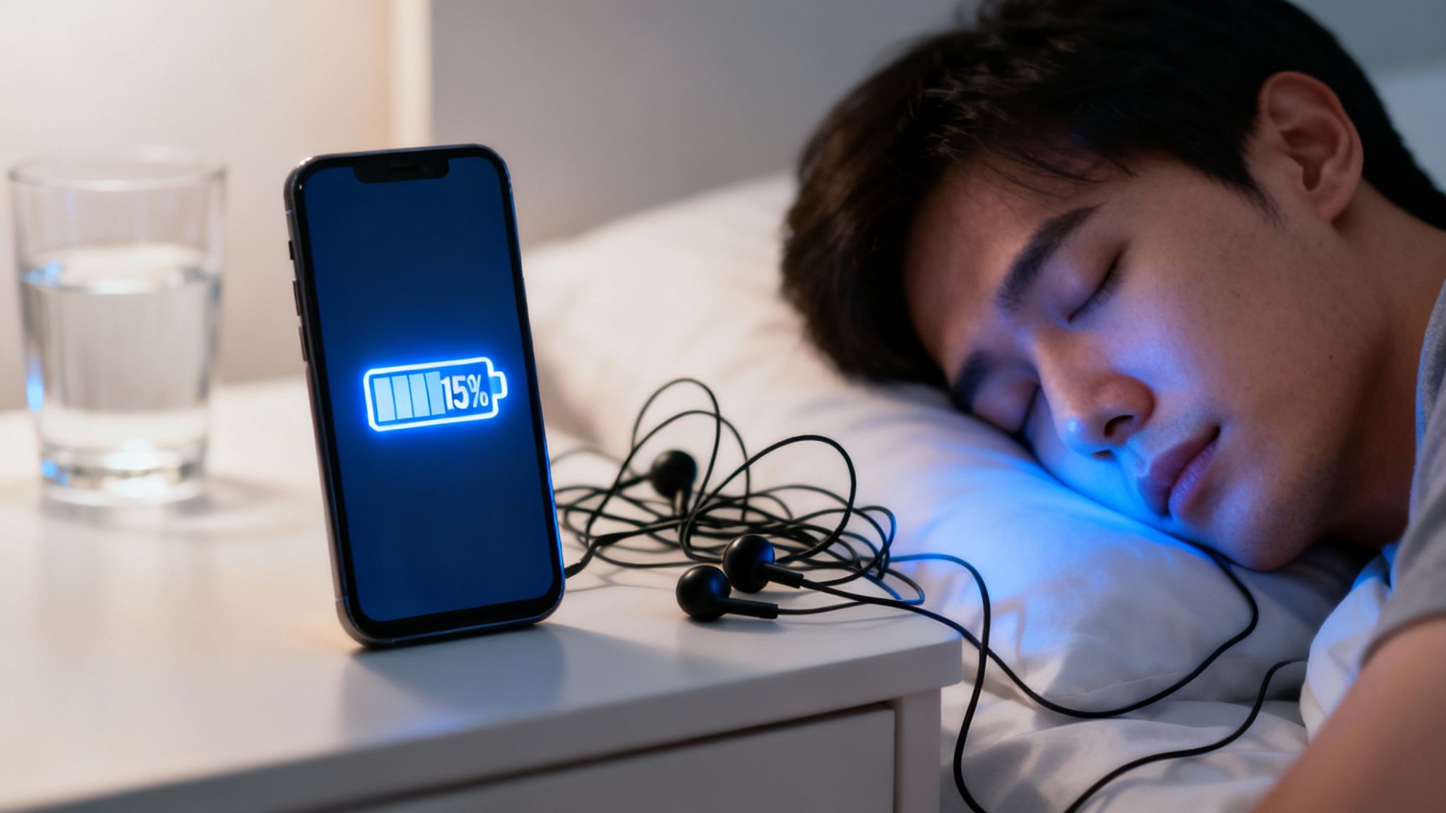 Man sleeps soundly next to a phone with 15% battery and glowing blue light.