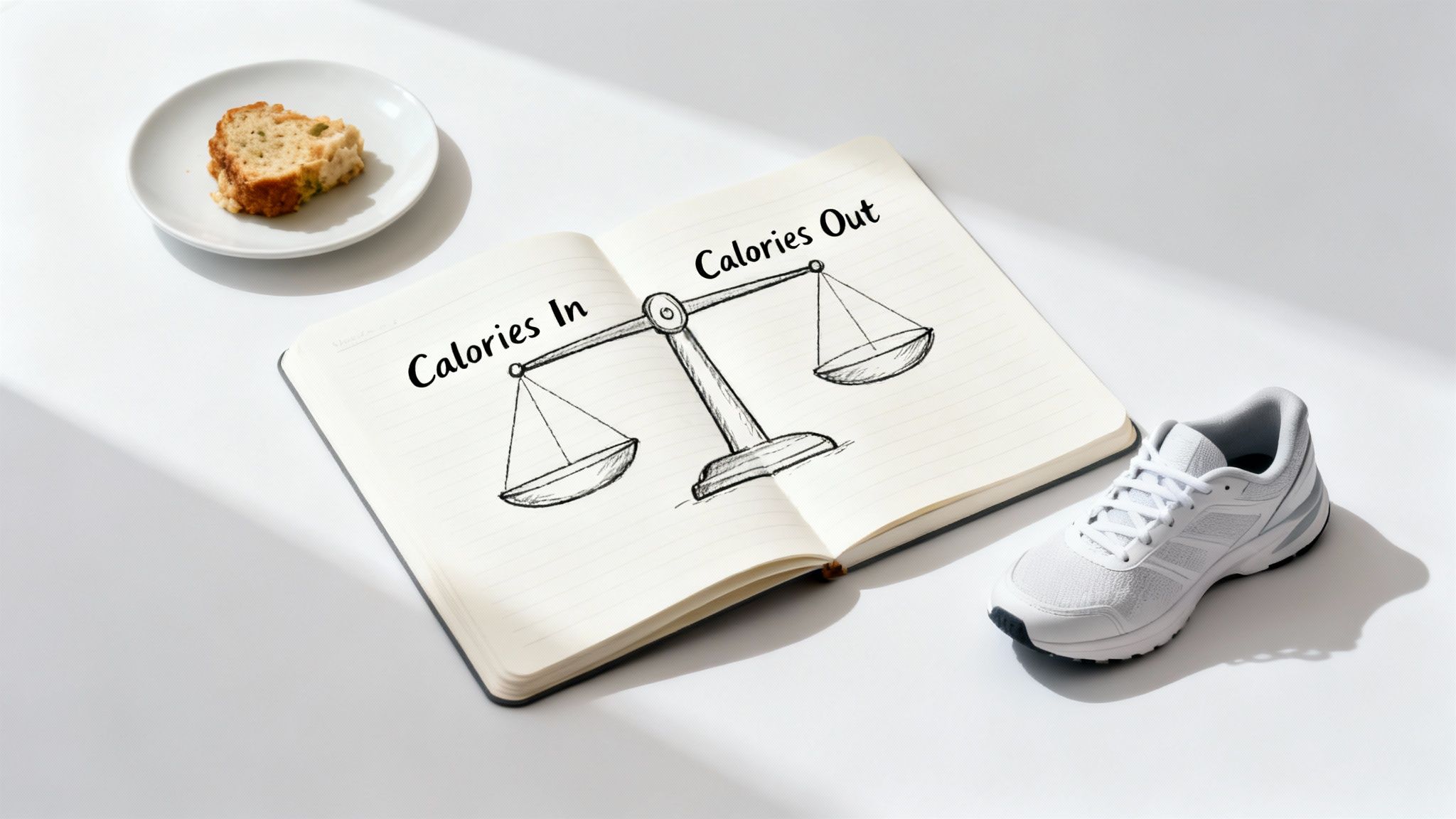 A notebook illustrates 'Calories In' and 'Calories Out' on a balance scale, with cake and a running shoe.