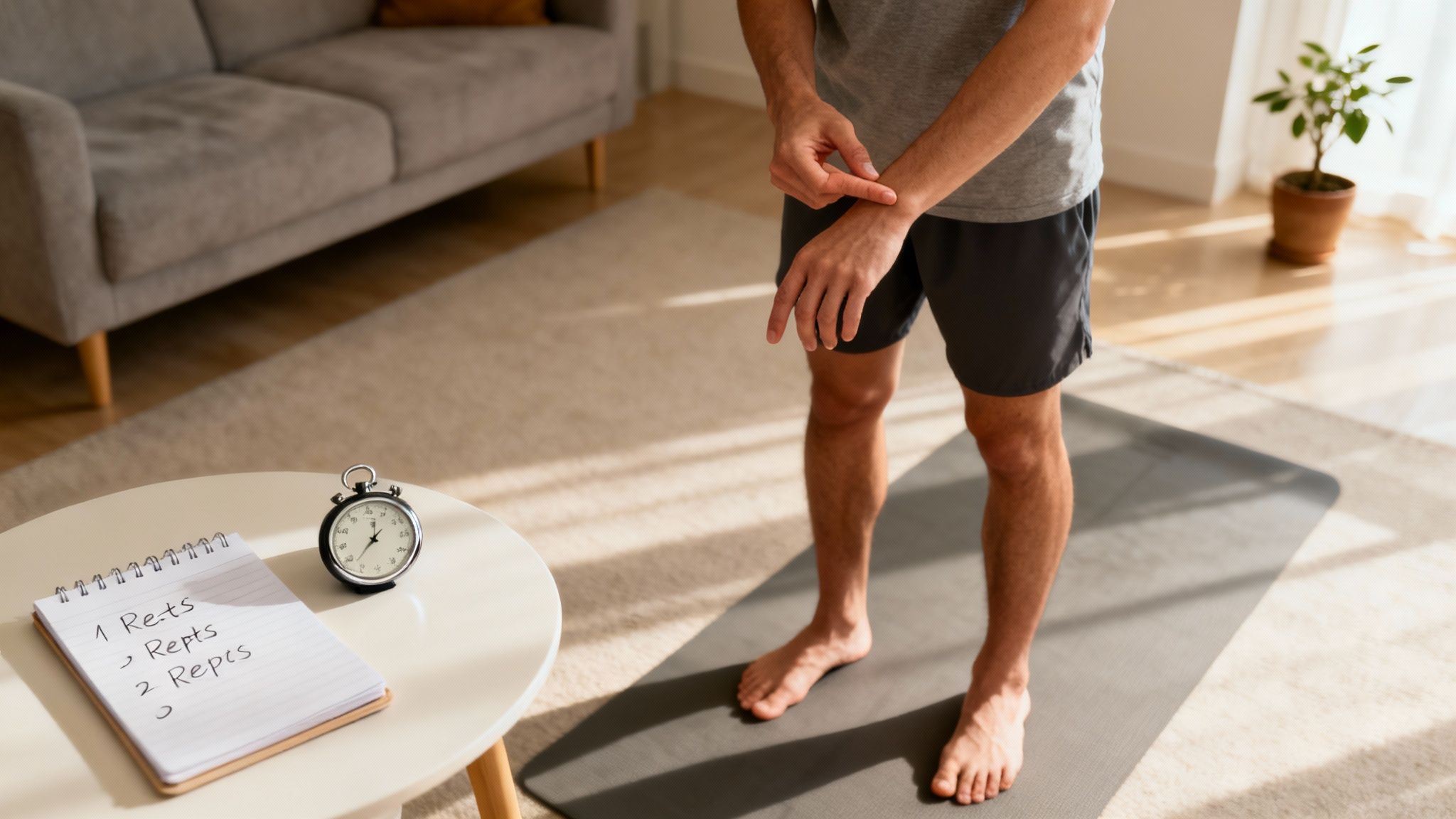 Een vrouw die thuis op een yogamat zit en haar veters strikt, klaar om te beginnen met haar fitnessroutine.