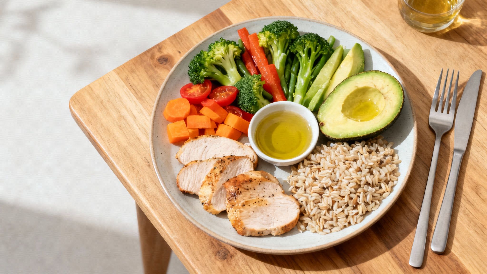 A plate with grilled chicken, steamed vegetables, brown rice, avocado, and olive oil on a wooden table.