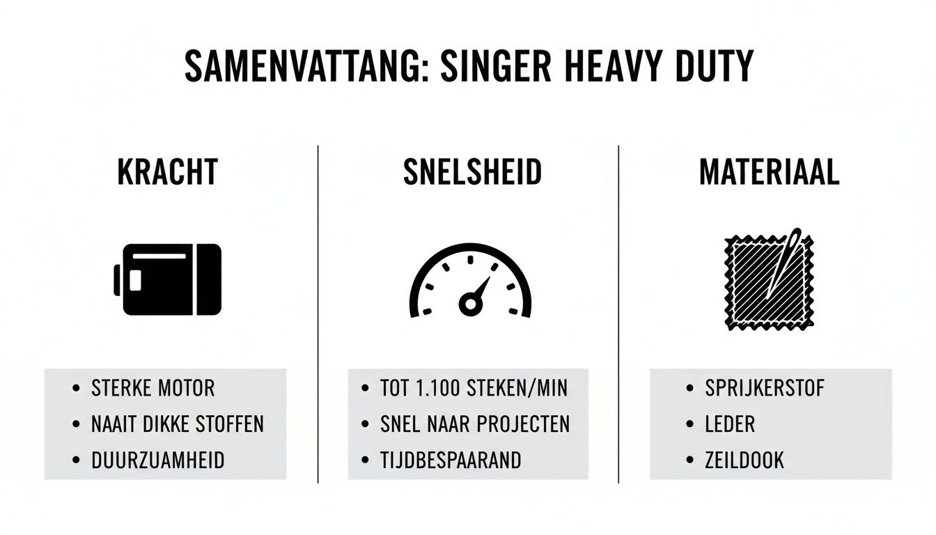 Overzicht van de Singer Heavy Duty naaimachine met details over kracht, snelheid en geschikte materialen zoals spijkerstof en leer.