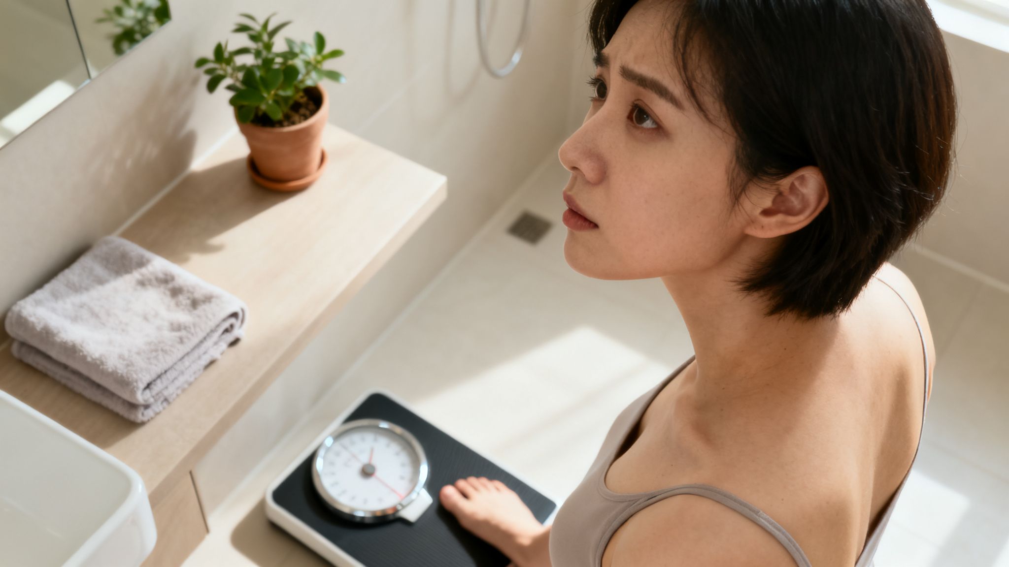 A worried young woman stands on a bathroom scale, looking reflective and concerned.