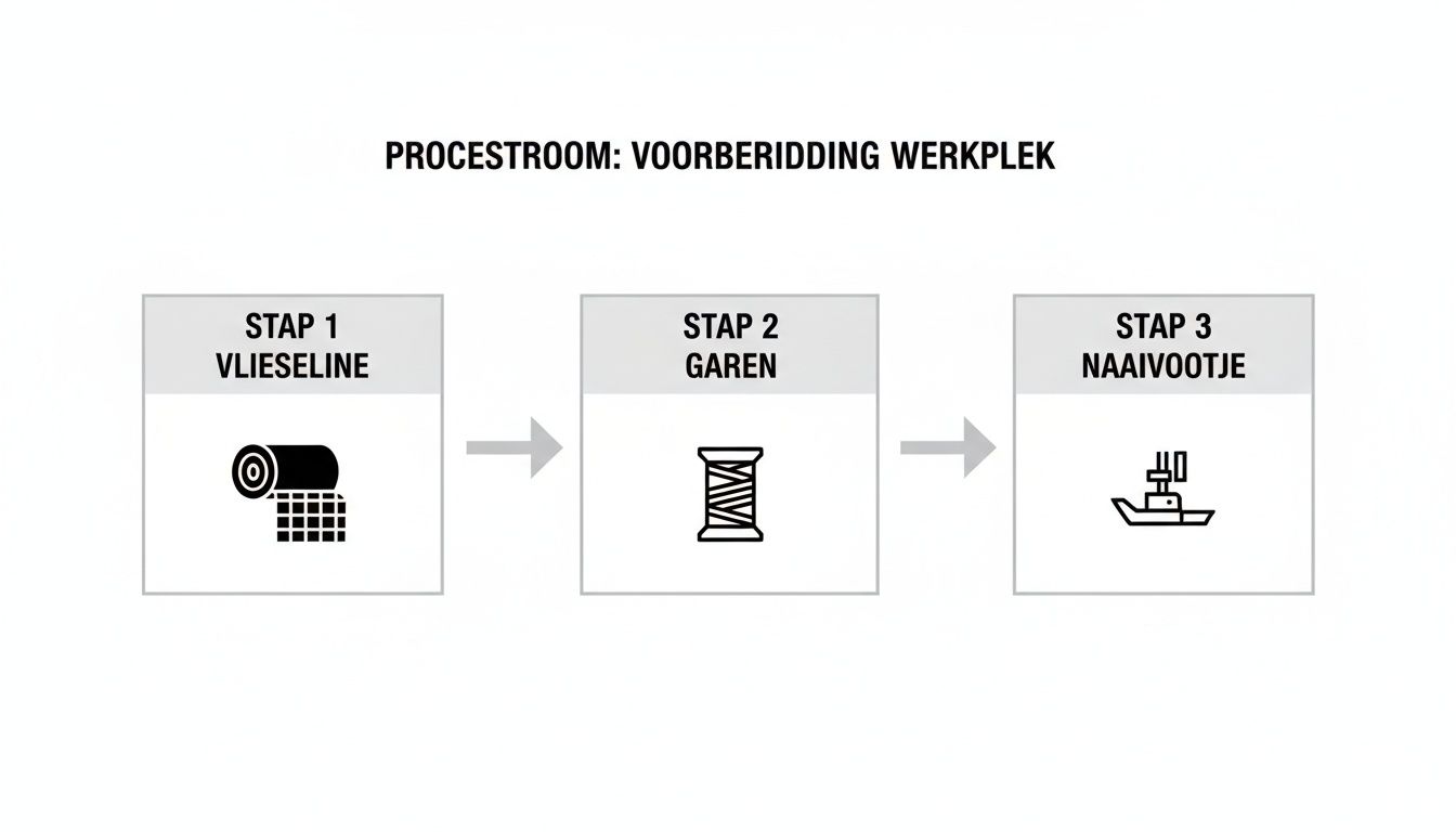 Processtroom voorbereiding werkplek: stappen 1 (vlieseline), 2 (garen) en 3 (naaivoetje) met bijbehorende iconen.