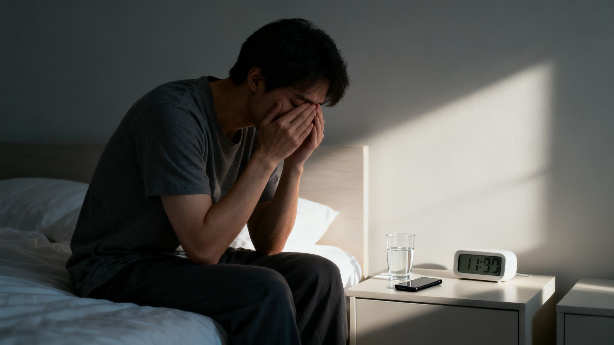 A man sits on a bed covering his face in distress, with a clock showing 11:00.