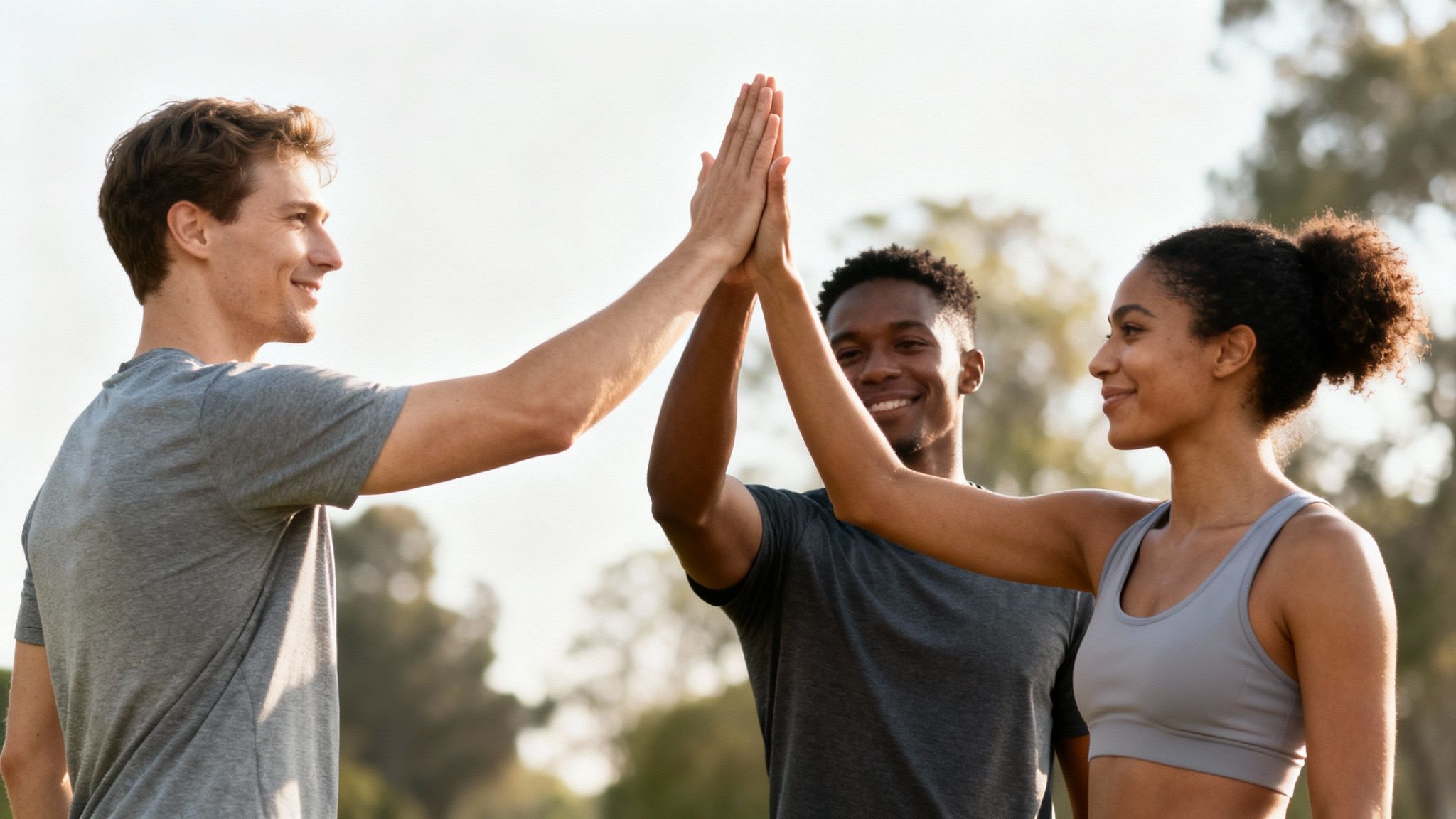 Three smiling diverse friends in athletic wear high-fiving outdoors, celebrating success.