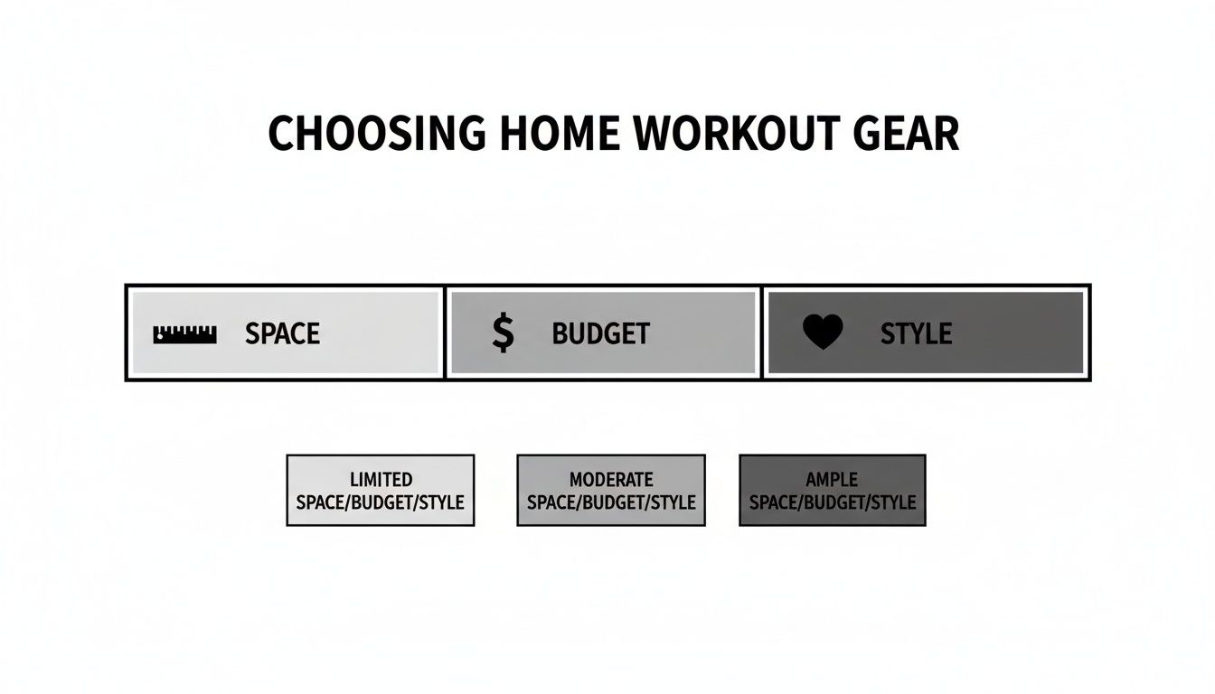 A diagram outlining criteria for choosing home workout gear based on space, budget, and style.
