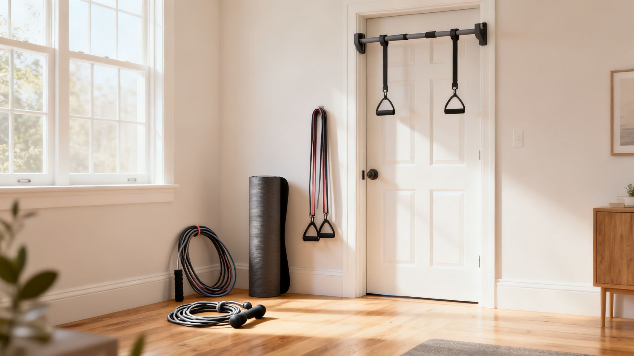 Well-lit home workout space with fitness equipment next to a sunny window and door.