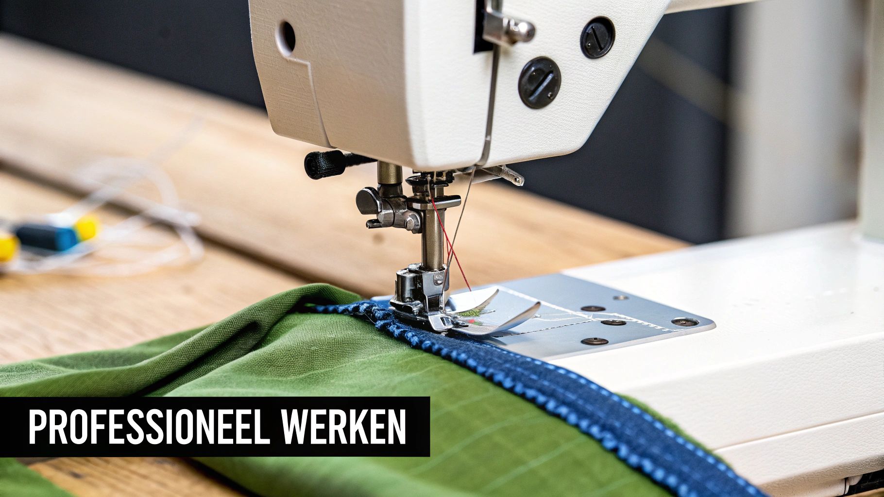 Een naaimachine die elastiek op stof naait.