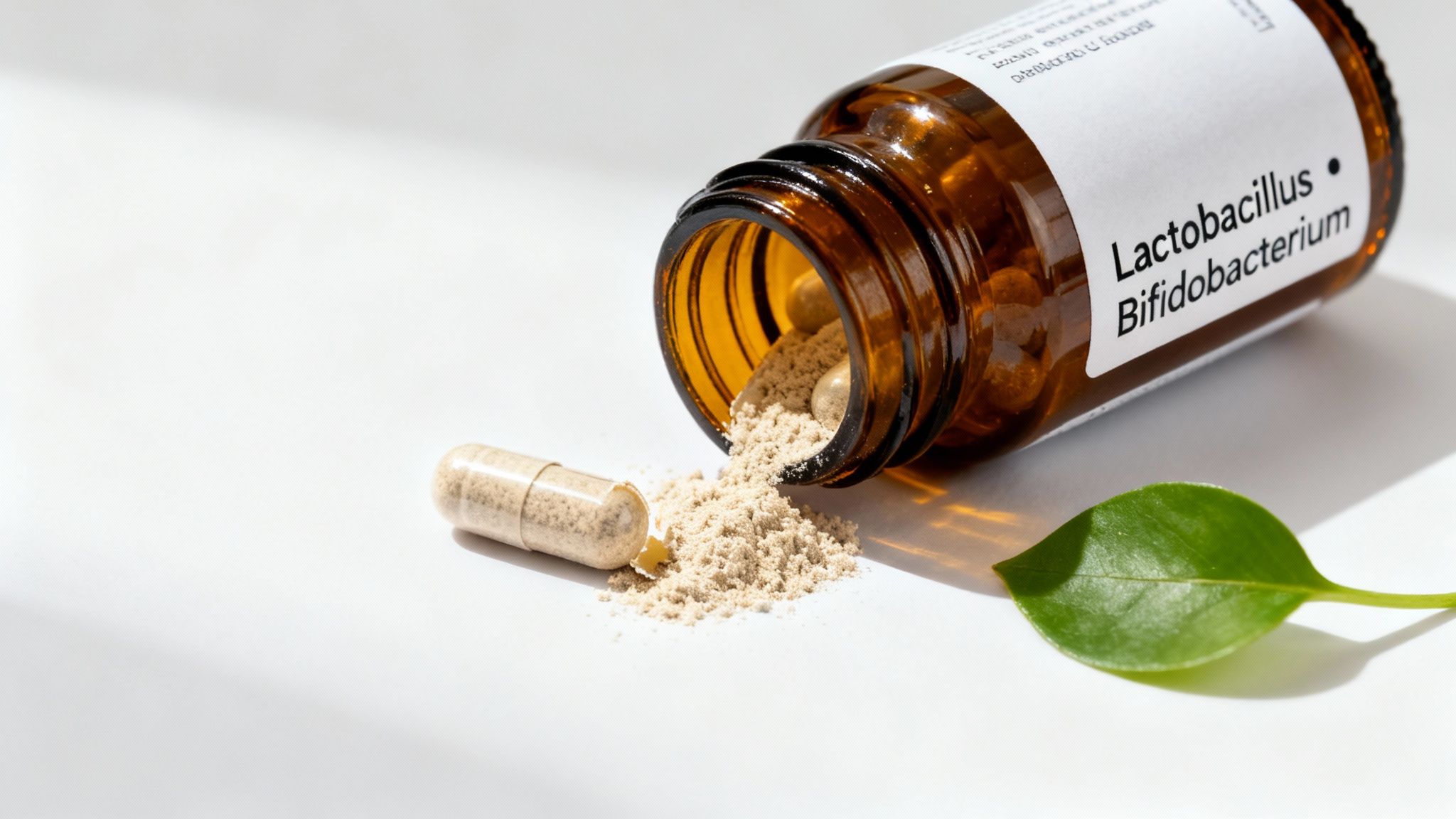 Probiotic capsules and powder spilled from an amber bottle labeled 'Lactobacillus Bifidobacterium' on a white surface with a green leaf.