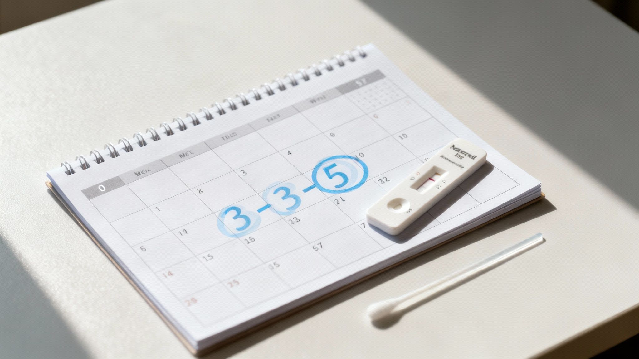 A calendar showing '3-3-5' circled dates, a positive rapid COVID-19 test, and a swab.