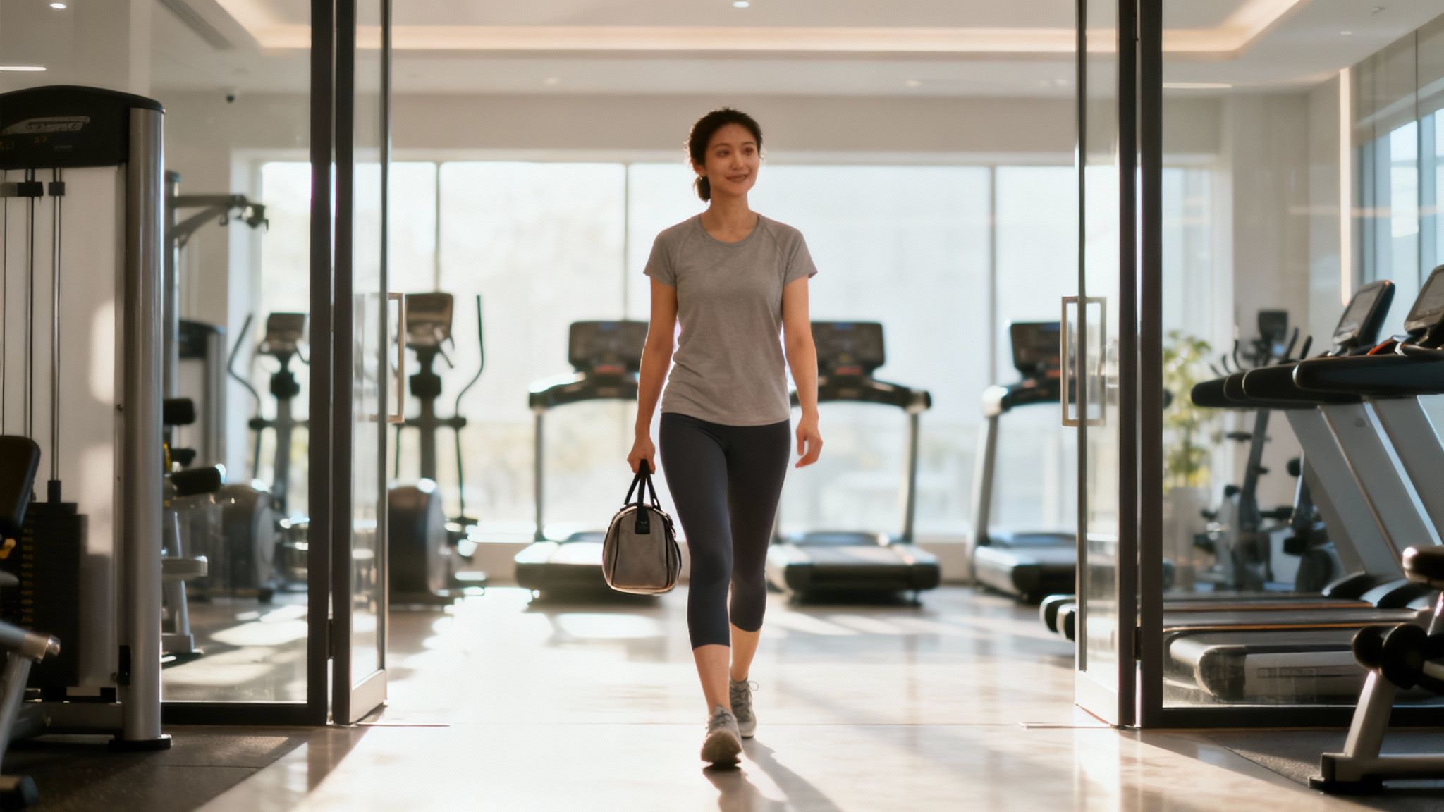 A person in a gym preparing to lift weights, looking confident and focused.