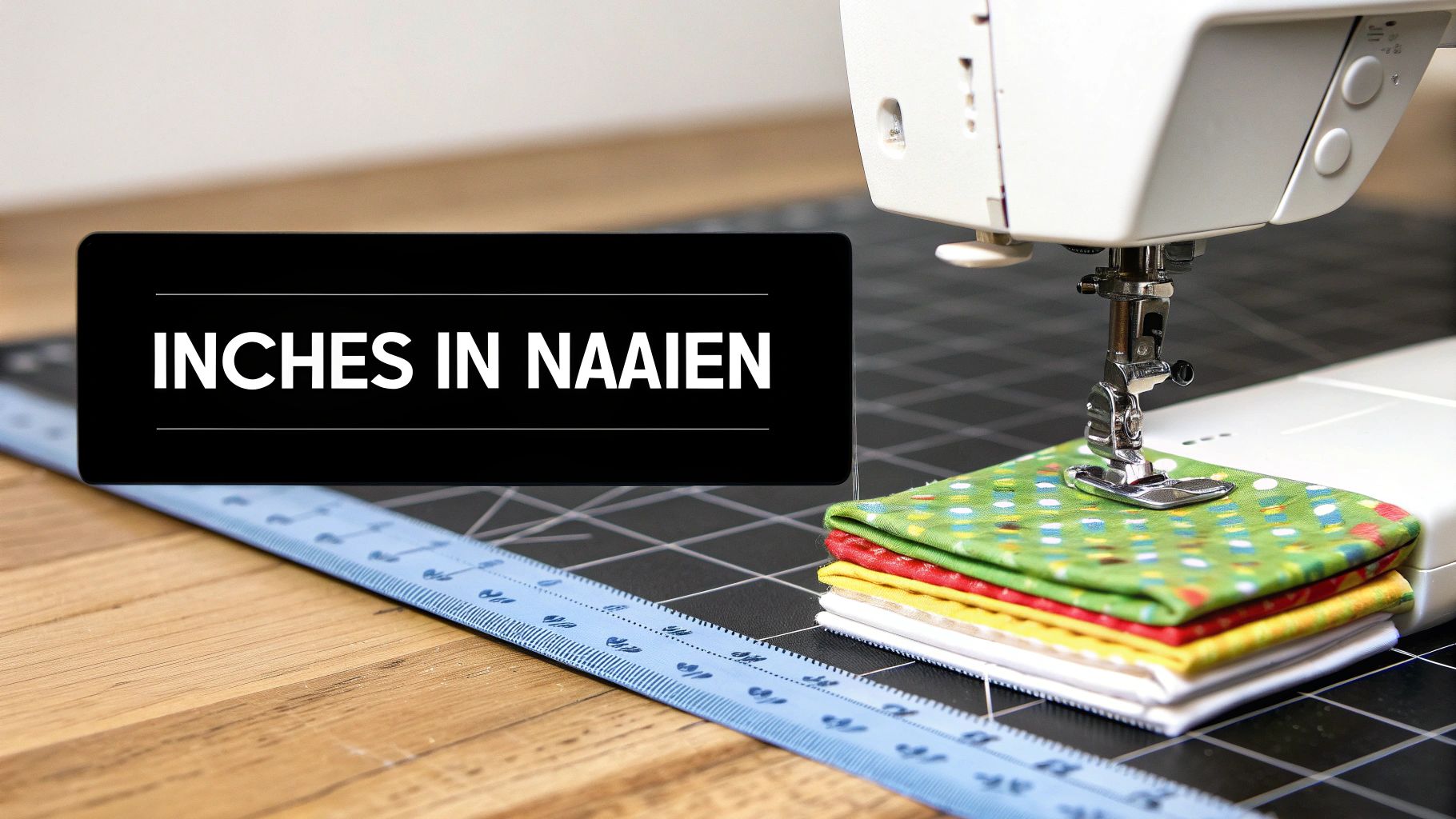 Een naaimachine met een stapel stoffen, een liniaal en een snijmat, met de tekst 'INCHES IN NAAIEN'.