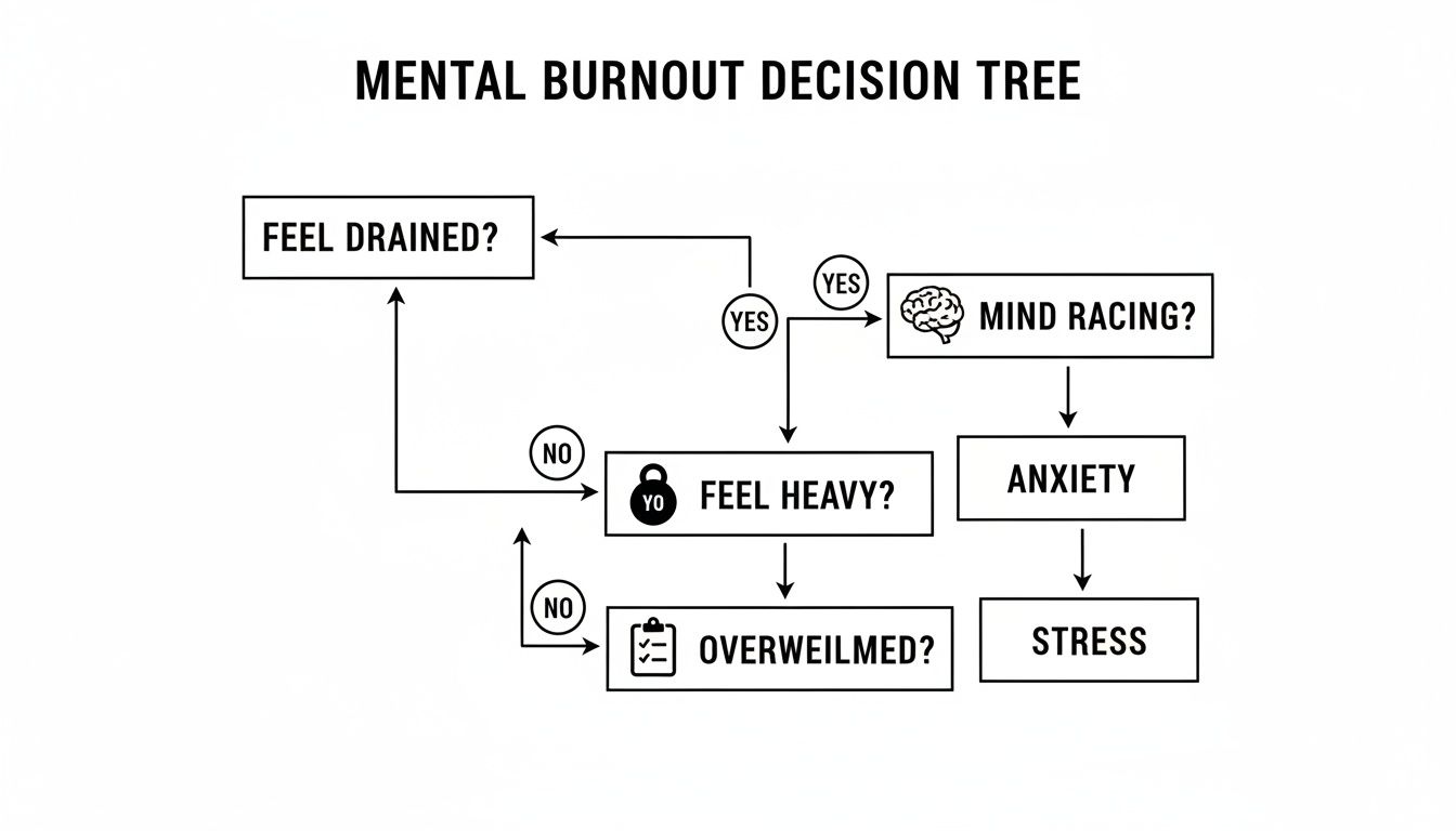 Mental burnout decision tree flowchart with questions like 'Feel Drained?' leading to 'Anxiety' or 'Stress'.