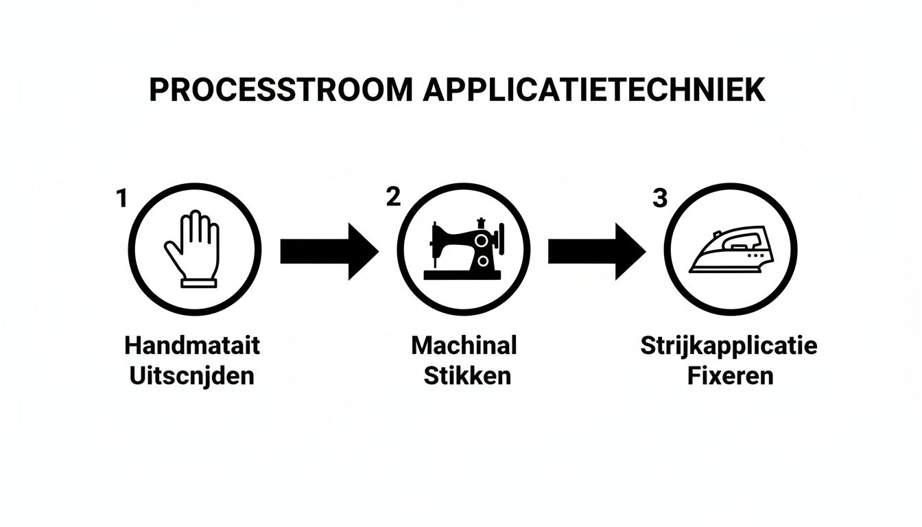 Een stappenplan toont de processtroom voor applicatietechniek: handmatig snijden, machinaal stikken en strijken.