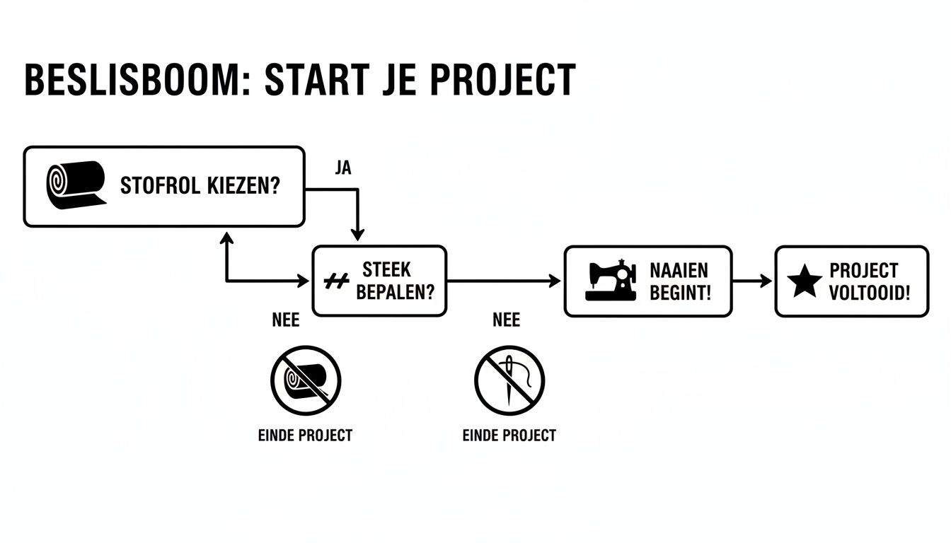 Beslisboom voor het starten van een naaiproject, met stappen voor stofkeuze en steekbepaling, leidend tot voltooiing of einde.