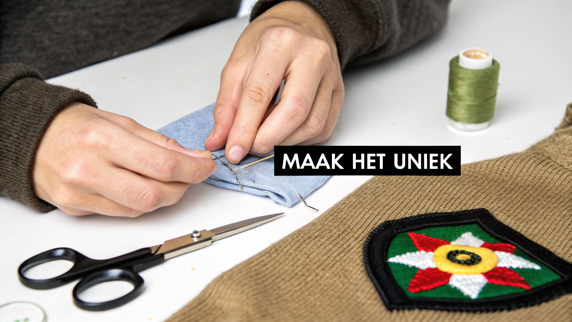 Handen naaien een applicatie op kleding, met schaar, garen en een decoratieve patch op een witte tafel. Maak het uniek.