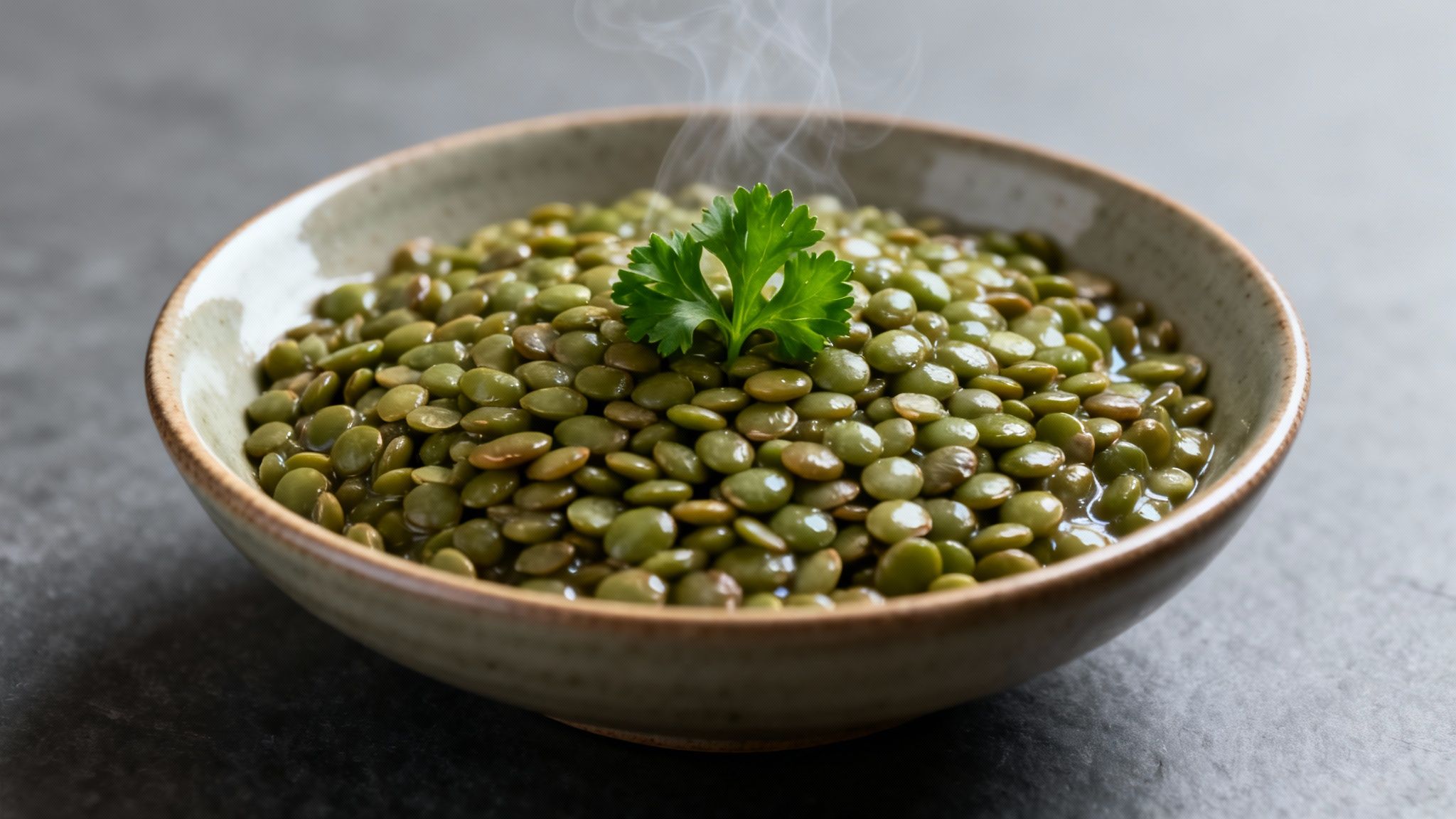 A steaming bowl of cooked green lentils garnished with fresh parsley on a dark surface.