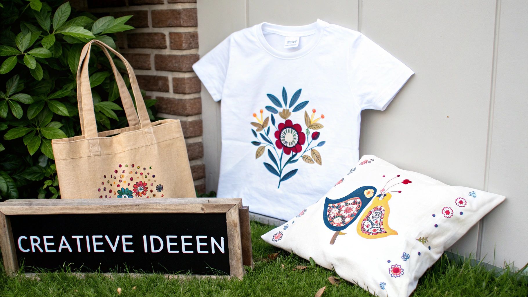 Creatieve textielproducten met kleurrijke bloemenapplicaties: een tas, T-shirt en kussen op gras, met een bord 'Creatieve Ideeën'.