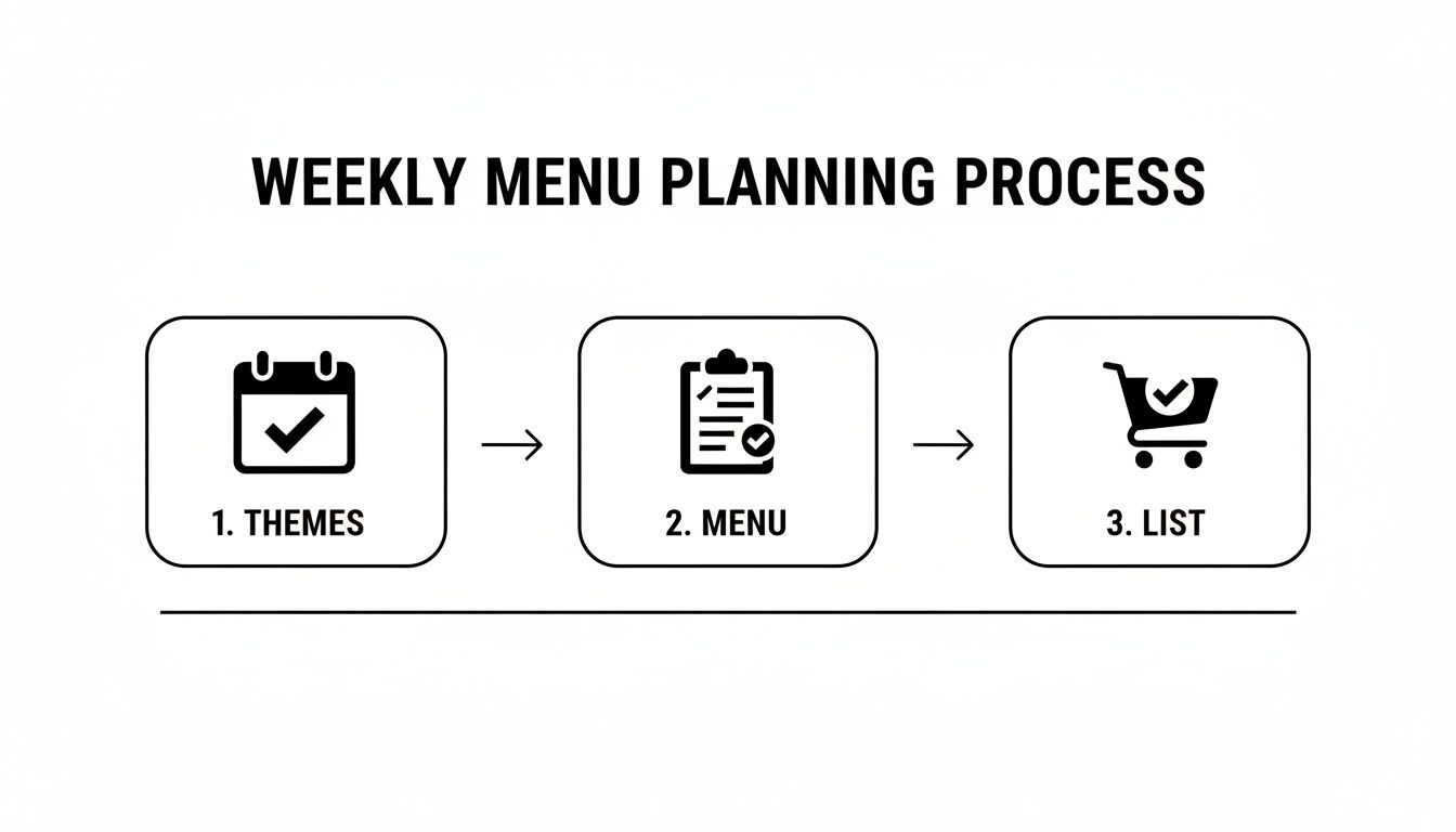 A three-step infographic outlining the weekly menu planning process: themes, menu, and list.