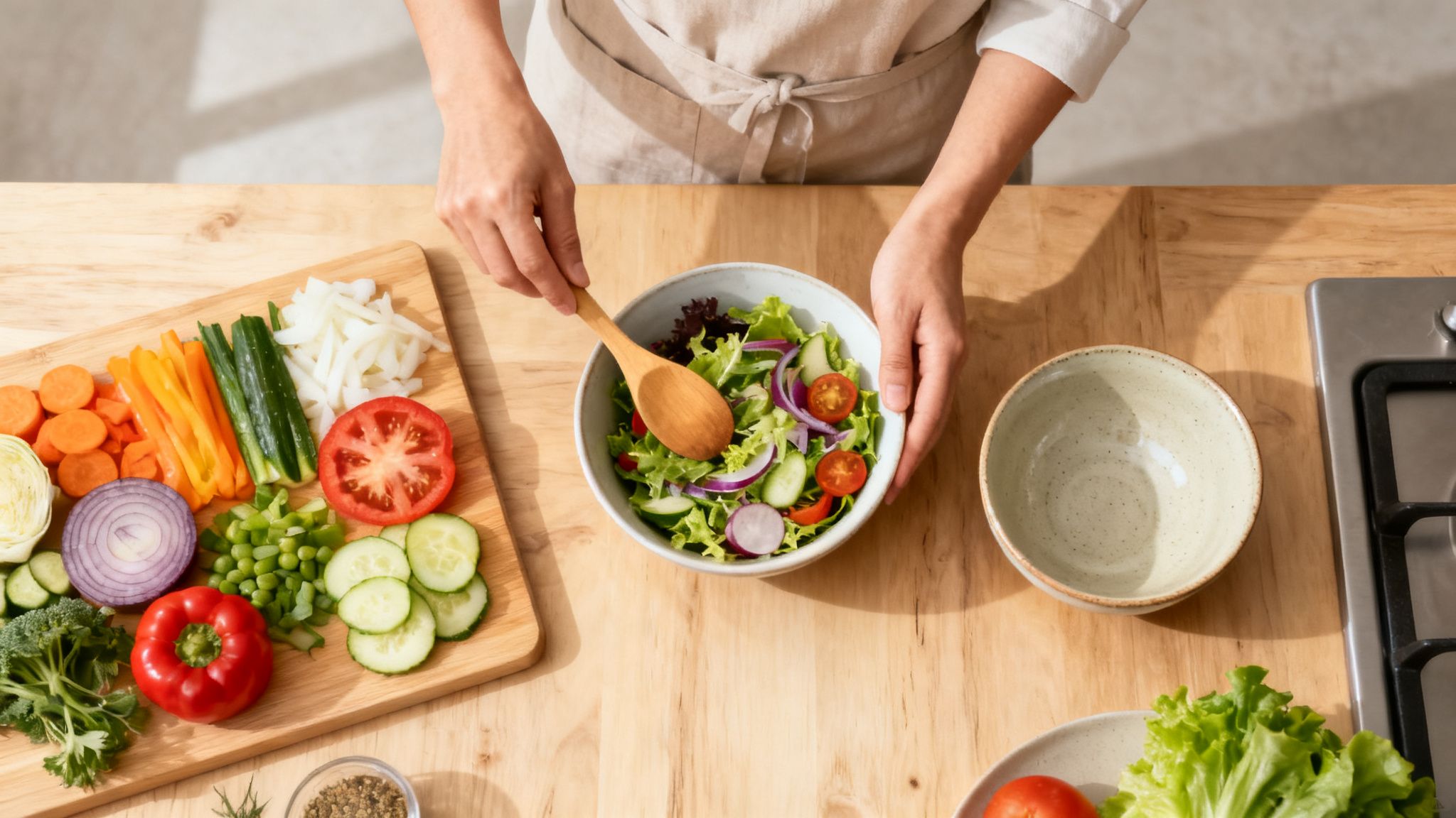 Overhead view of a person mixing a fresh green salad with various chopped vegetables on a wooden counter.